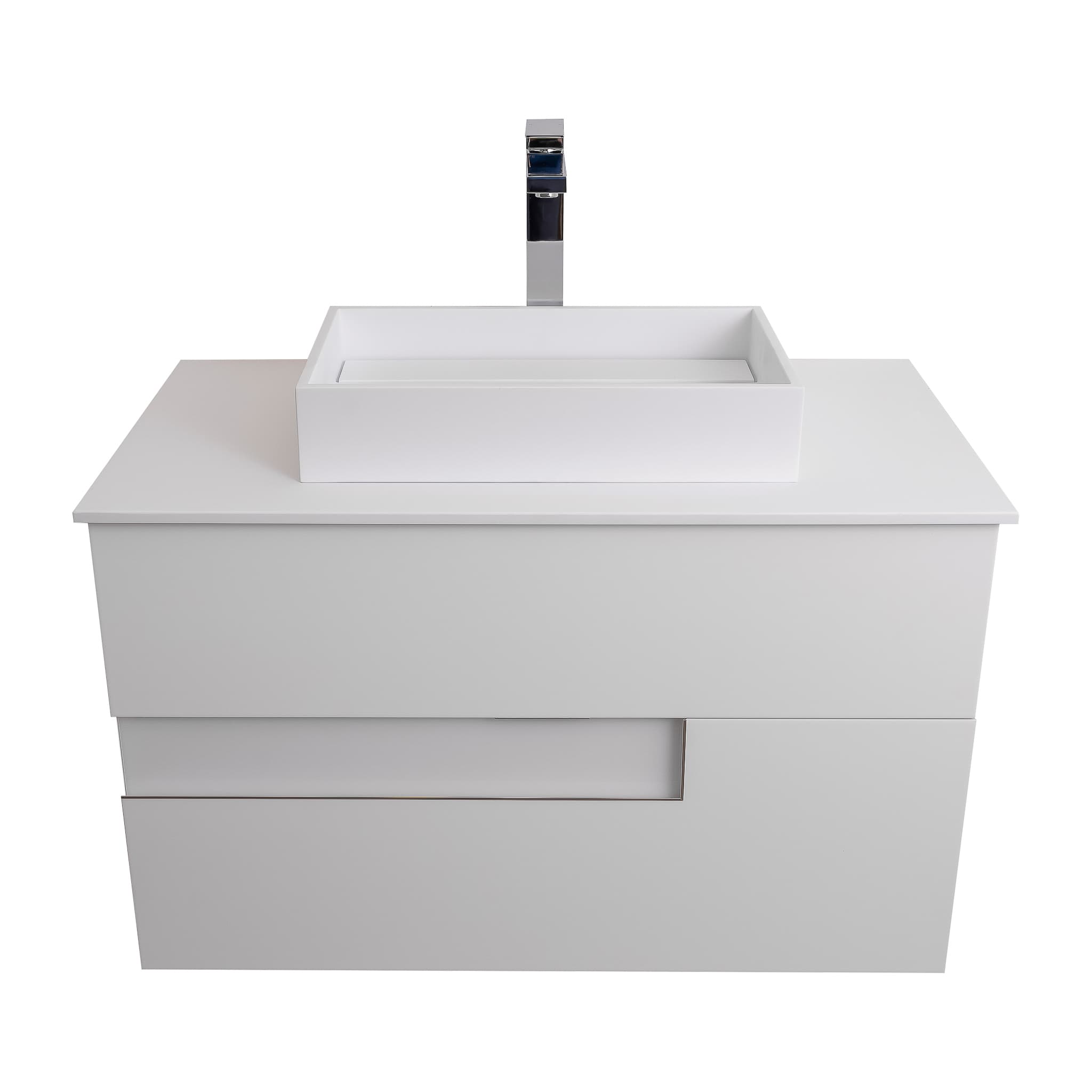 Vision 35.5 White High Gloss Cabinet, Solid Surface Flat White Counter And Infinity Square Solid Surface White Basin 1329, Wall Mounted Modern Vanity Set