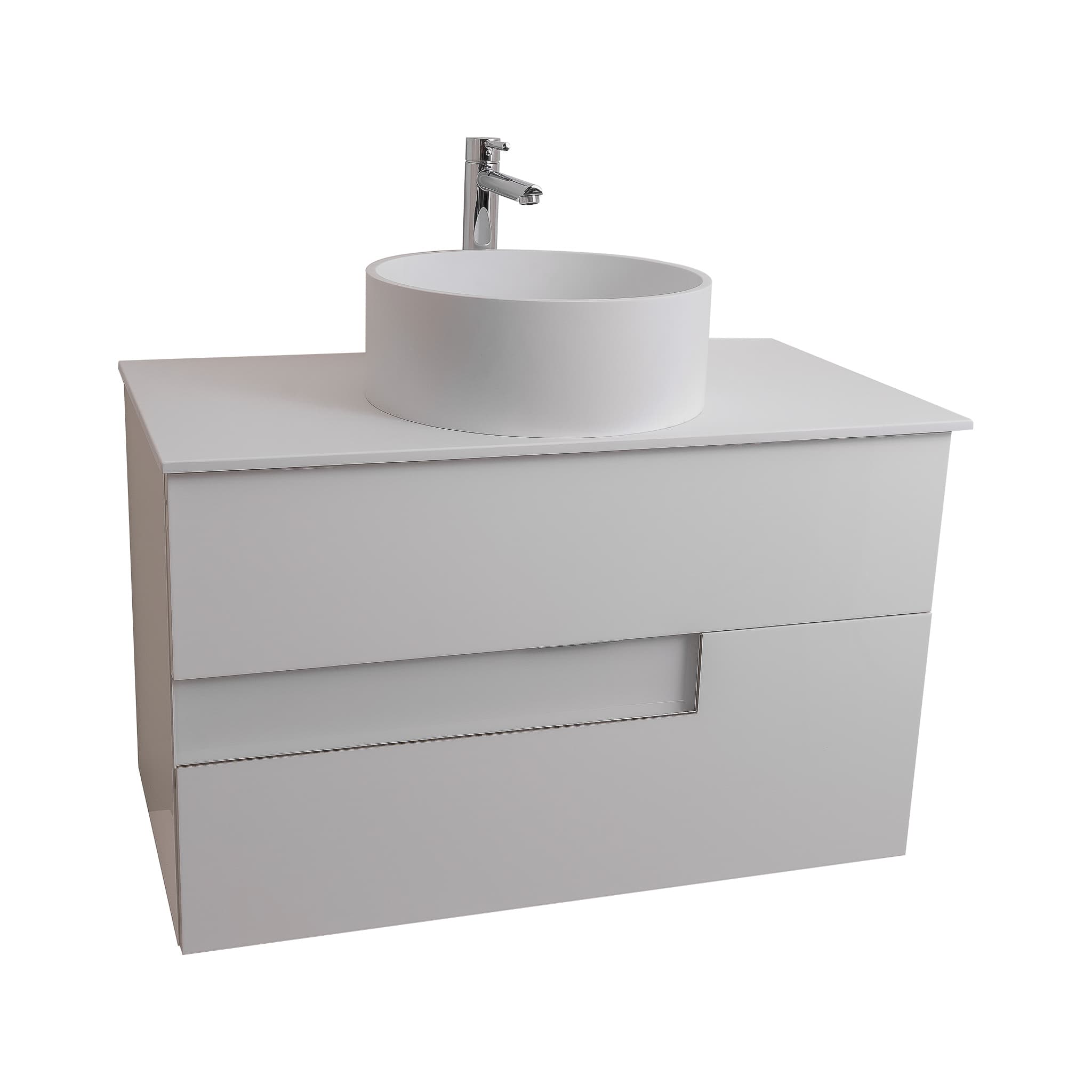 Vision 35.5 White High Gloss Cabinet, Solid Surface Flat White Counter And Round Solid Surface White Basin 1386, Wall Mounted Modern Vanity Set