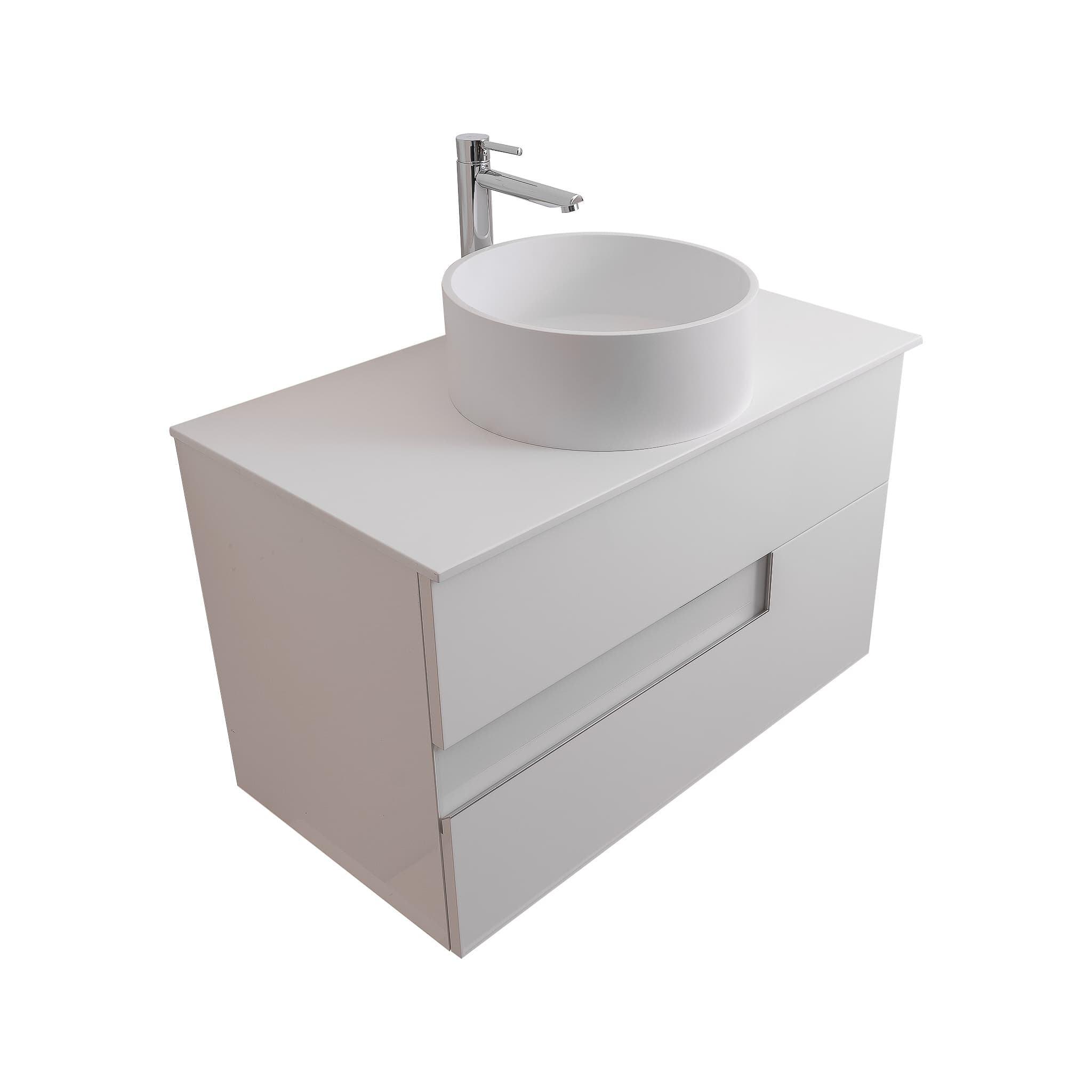 Vision 35.5 White High Gloss Cabinet, Solid Surface Flat White Counter And Round Solid Surface White Basin 1386, Wall Mounted Modern Vanity Set