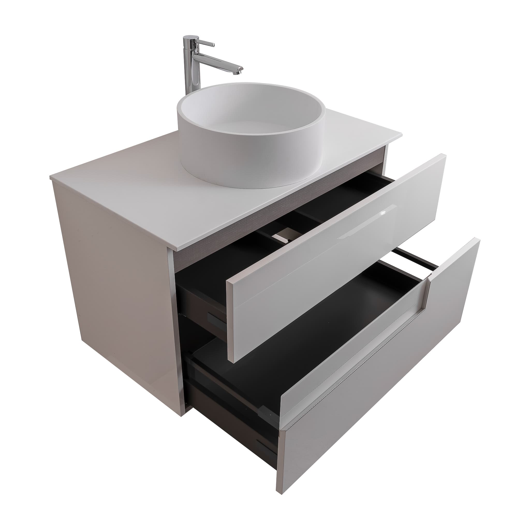 Vision 35.5 White High Gloss Cabinet, Solid Surface Flat White Counter And Round Solid Surface White Basin 1386, Wall Mounted Modern Vanity Set