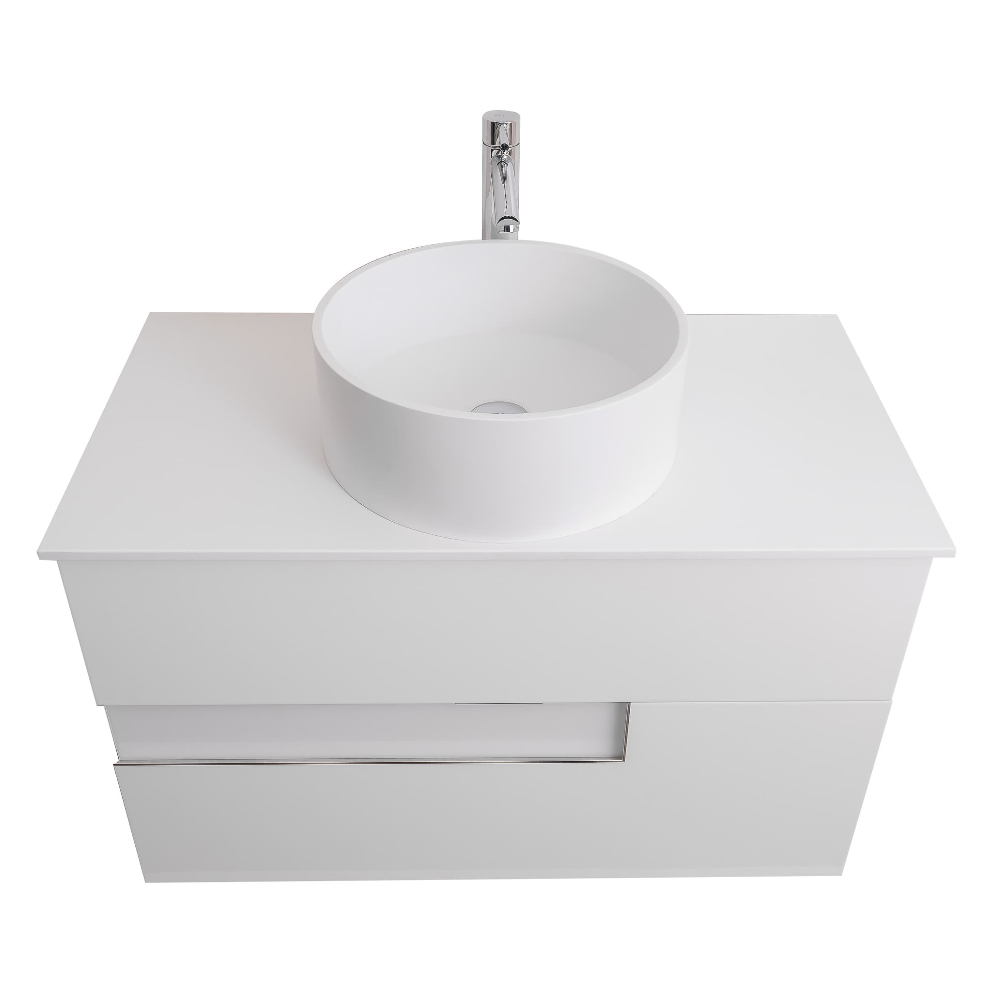 Vision 35.5 White High Gloss Cabinet, Solid Surface Flat White Counter And Round Solid Surface White Basin 1386, Wall Mounted Modern Vanity Set