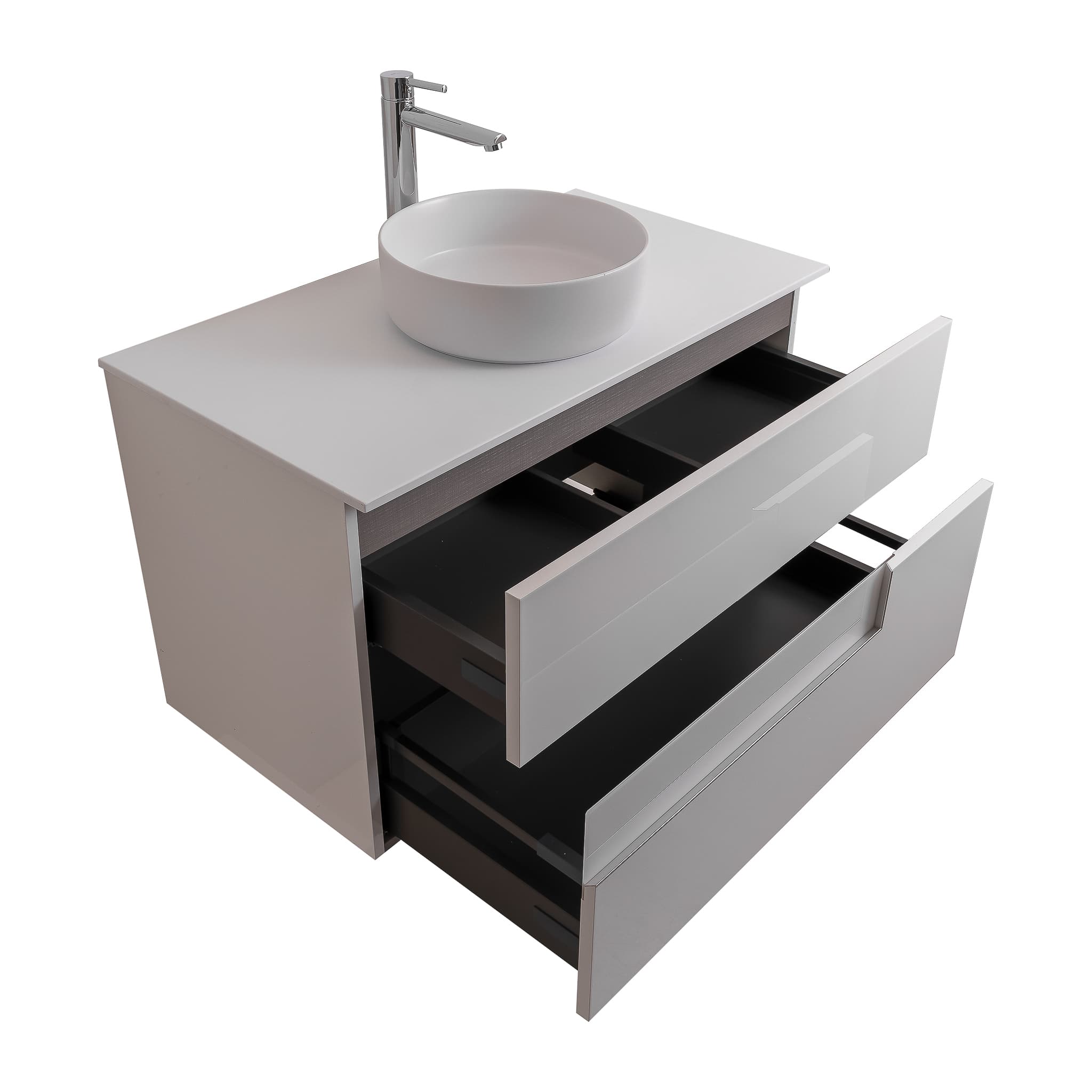 Vision 35.5 White High Gloss Cabinet, Ares White Top And Ares White Ceramic Basin, Wall Mounted Modern Vanity Set