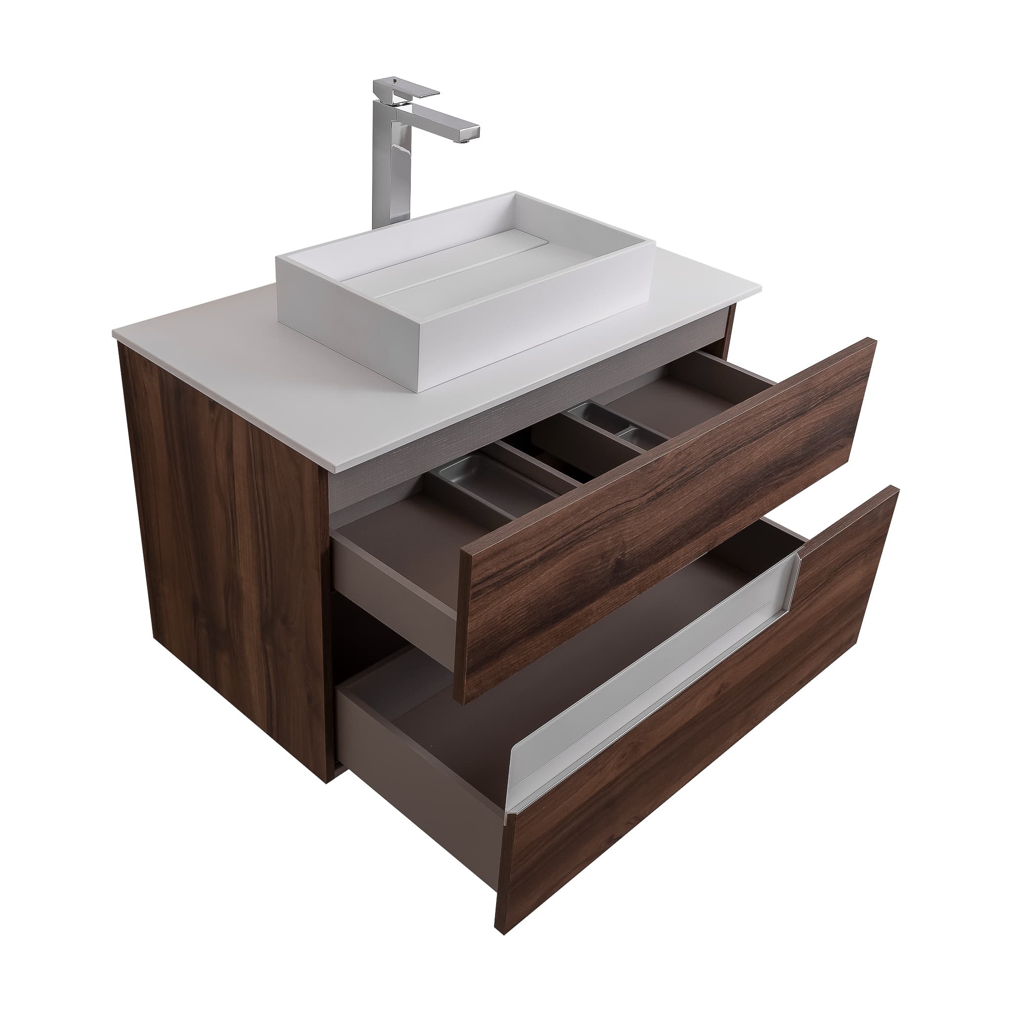 Vision 39.5 Valenti Medium Brown Wood Cabinet, Solid Surface Flat White Counter And Infinity Square Solid Surface White Basin 1329, Wall Mounted Modern Vanity Set