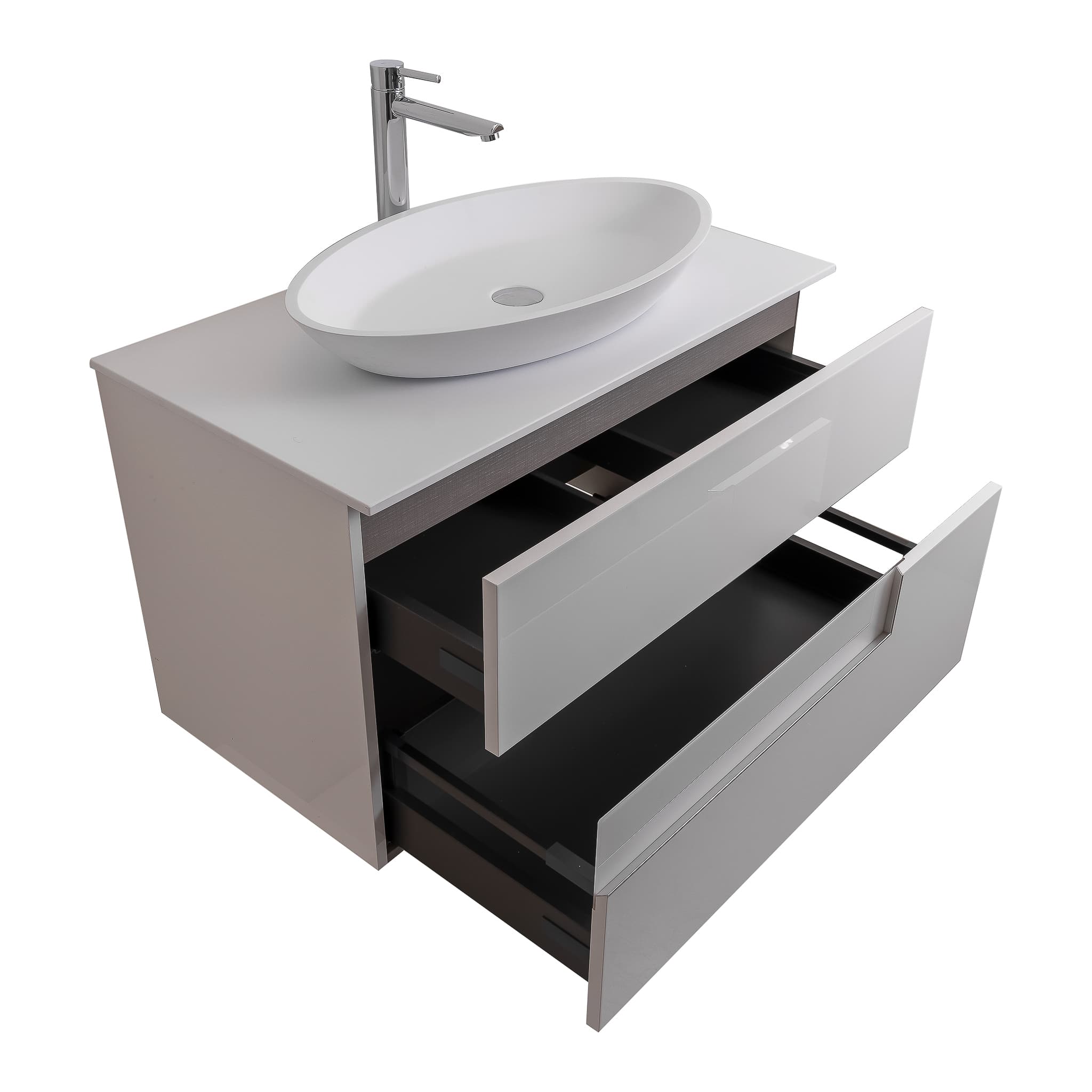 Vision 39.5 White High Gloss Cabinet, Solid Surface Flat White Counter And Oval Solid Surface White Basin 1305, Wall Mounted Modern Vanity Set