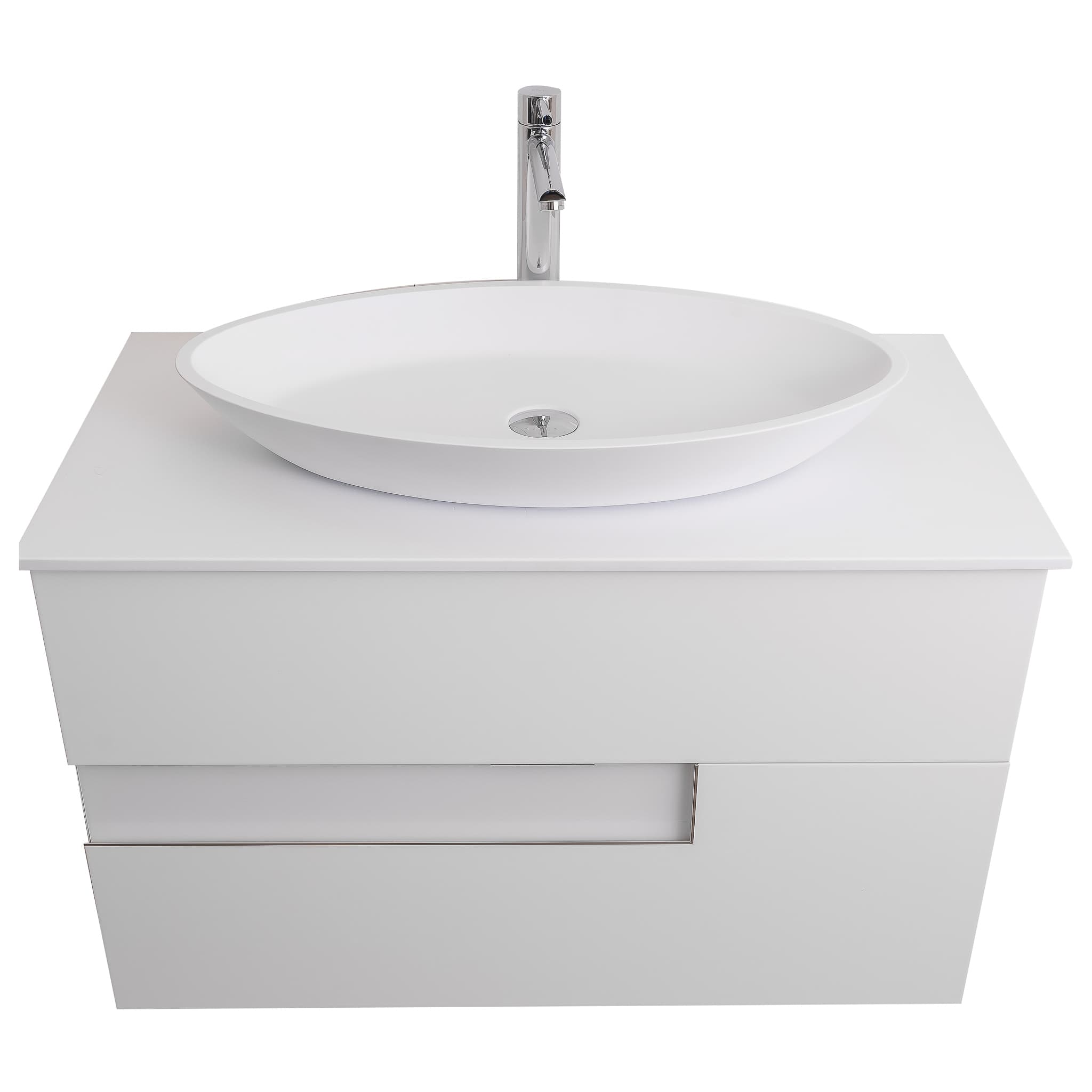 Vision 39.5 White High Gloss Cabinet, Solid Surface Flat White Counter And Oval Solid Surface White Basin 1305, Wall Mounted Modern Vanity Set