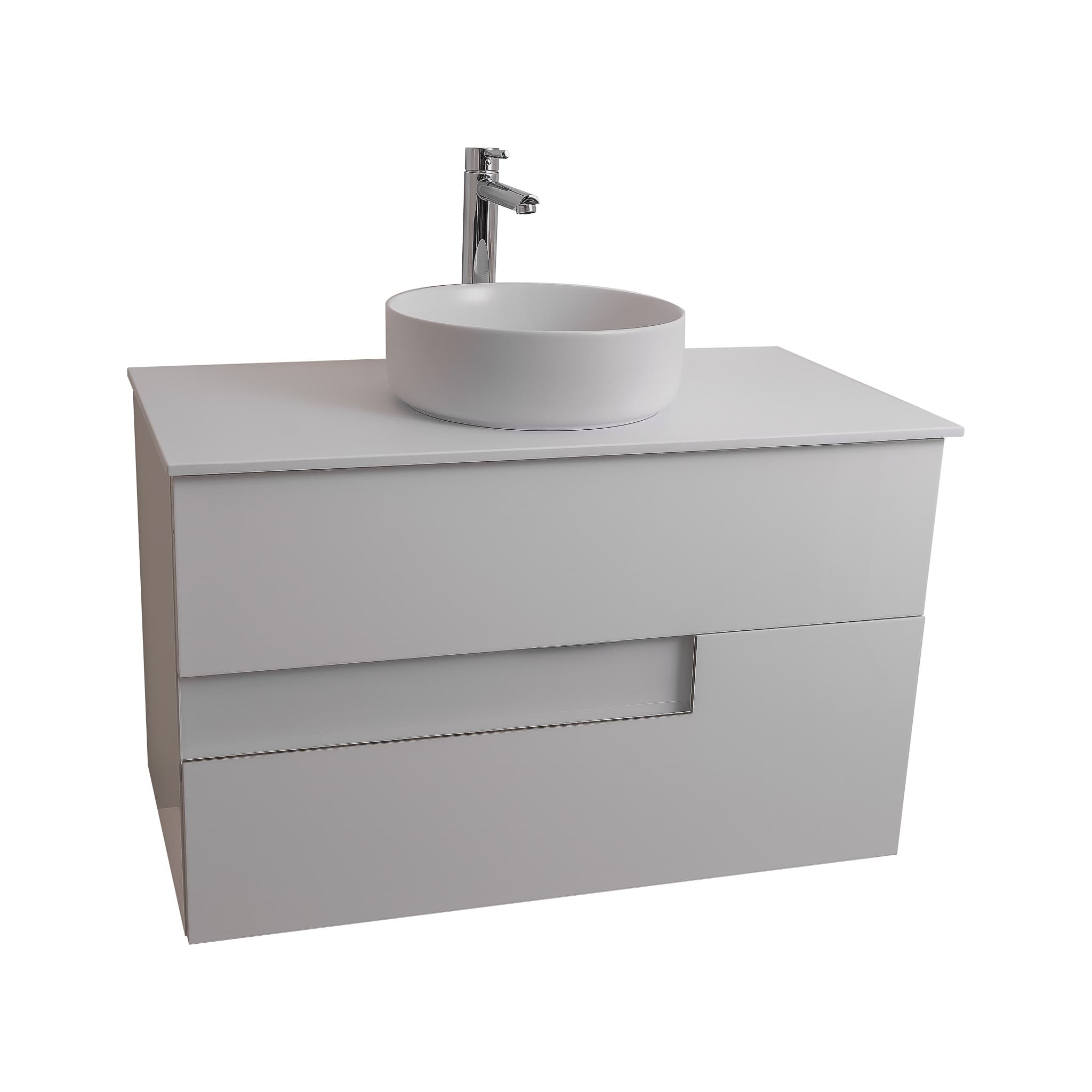 Vision 39.5 White High Gloss Cabinet, Ares White Top And Ares White Ceramic Basin, Wall Mounted Modern Vanity Set