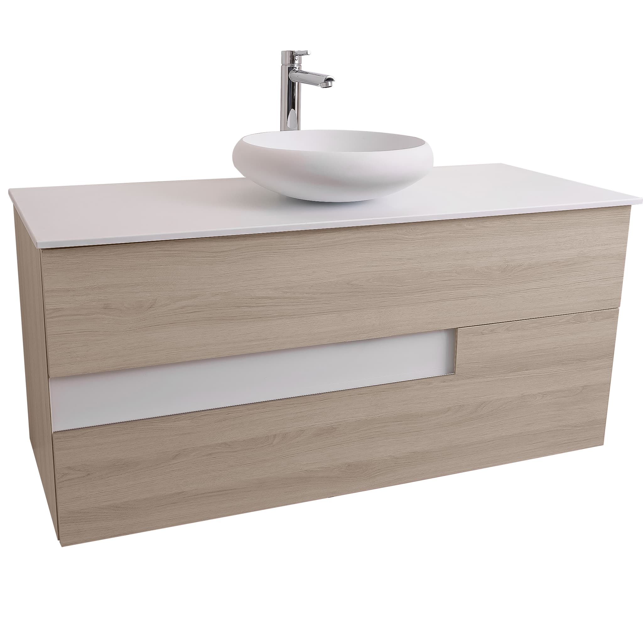 Vision 47.5 Natural Light Wood Cabinet, Solid Surface Flat White Counter And Round Solid Surface White Basin 1153, Wall Mounted Modern Vanity Set Bath Trends USA