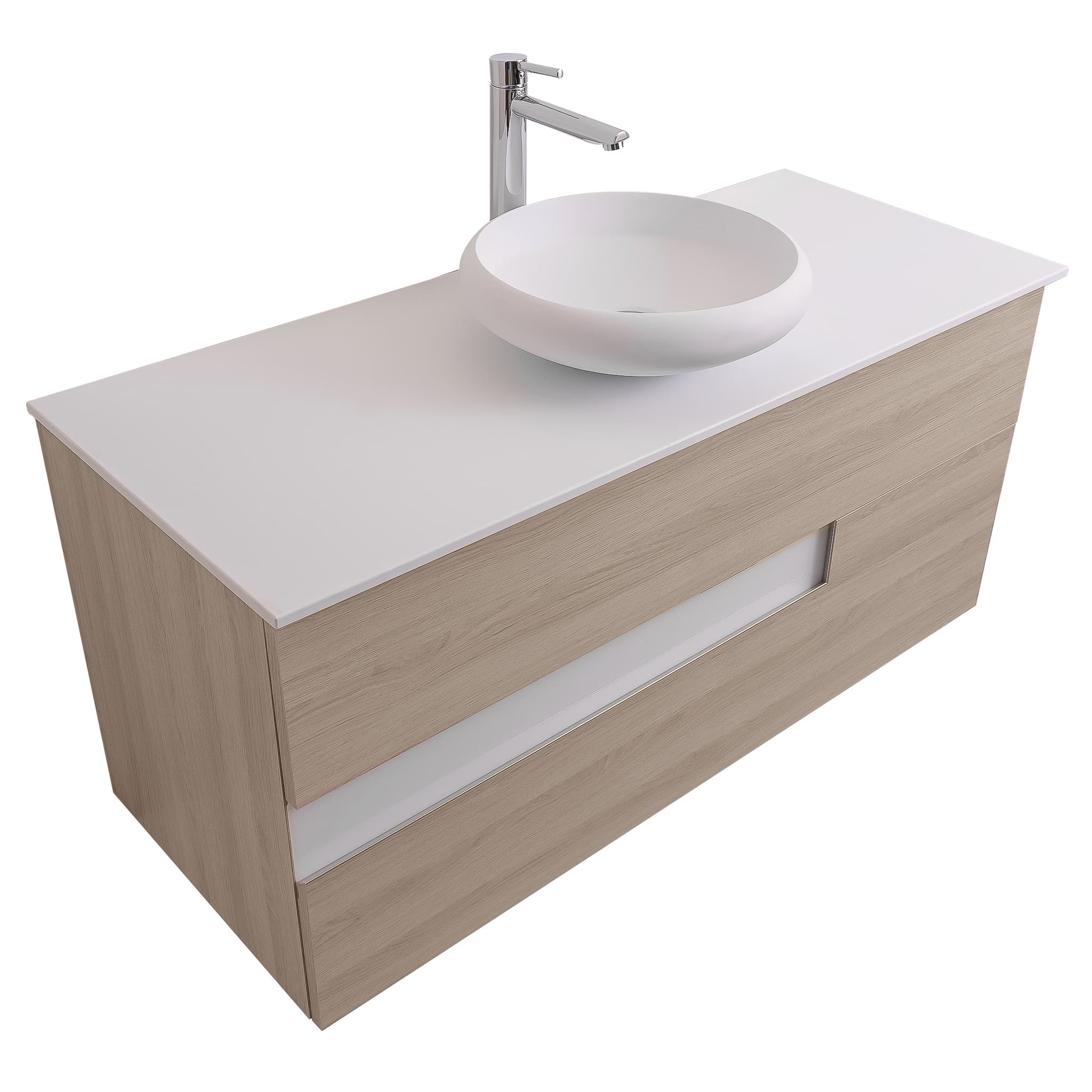 Vision 47.5 Natural Light Wood Cabinet, Solid Surface Flat White Counter And Round Solid Surface White Basin 1153, Wall Mounted Modern Vanity Set