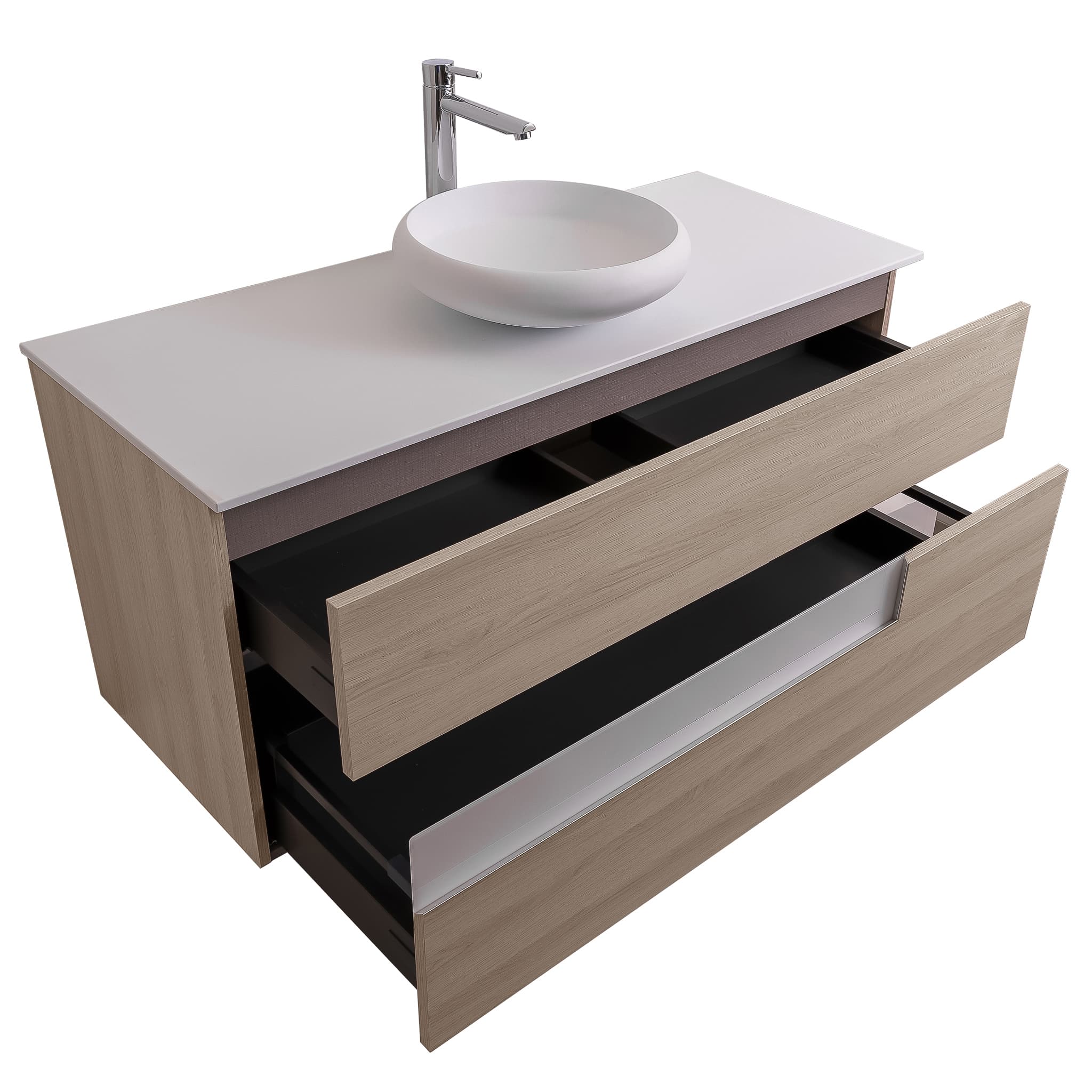 Vision 47.5 Natural Light Wood Cabinet, Solid Surface Flat White Counter And Round Solid Surface White Basin 1153, Wall Mounted Modern Vanity Set