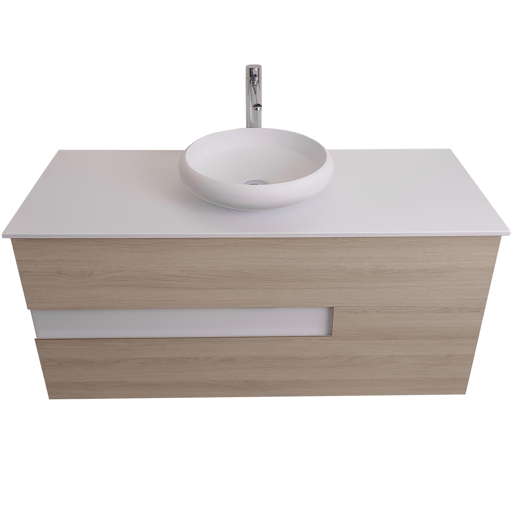 Vision 47.5 Natural Light Wood Cabinet, Solid Surface Flat White Counter And Round Solid Surface White Basin 1153, Wall Mounted Modern Vanity Set