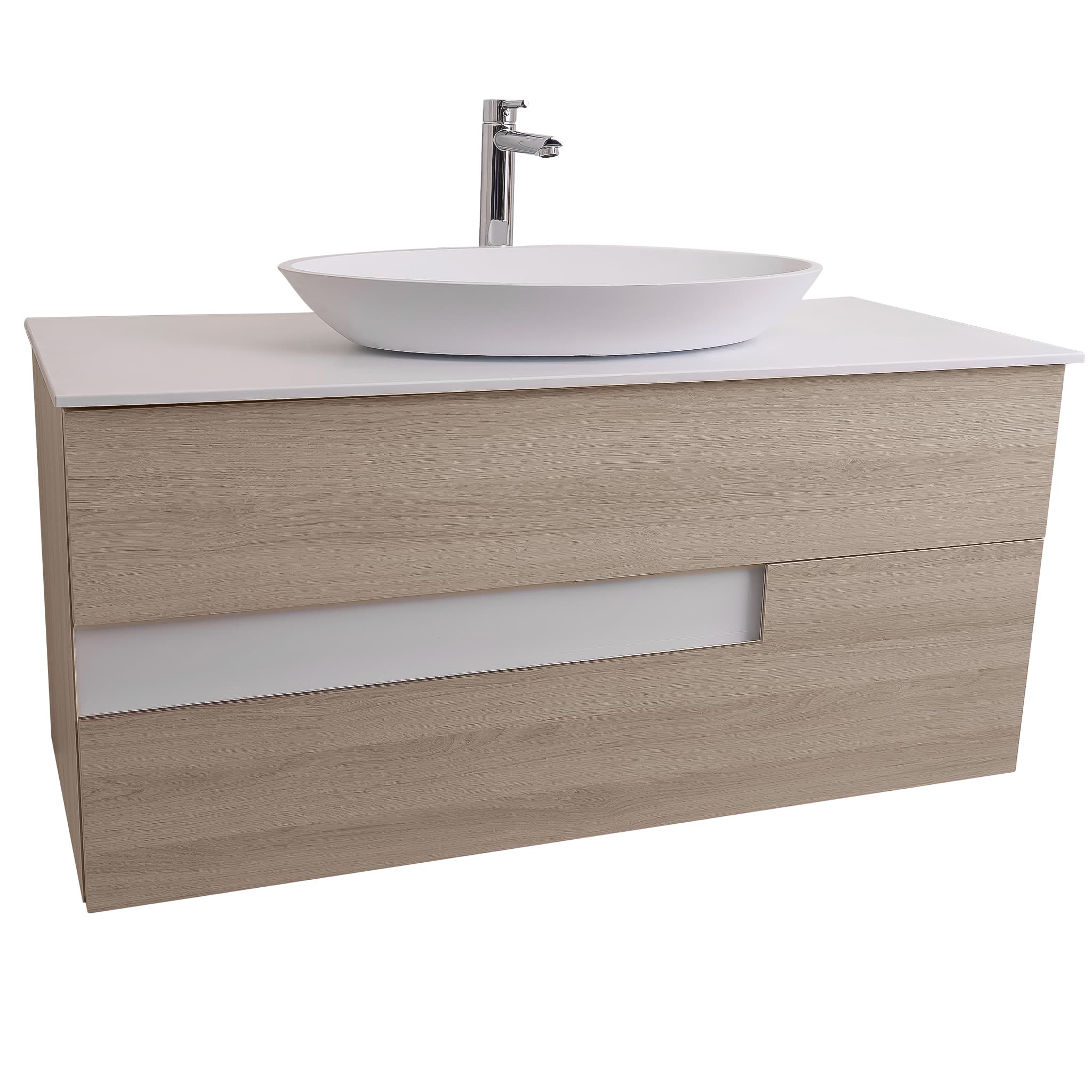 Vision 47.5 Natural Light Wood Cabinet, Solid Surface Flat White Counter And Oval Solid Surface White Basin 1305, Wall Mounted Modern Vanity Set Bath Trends USA