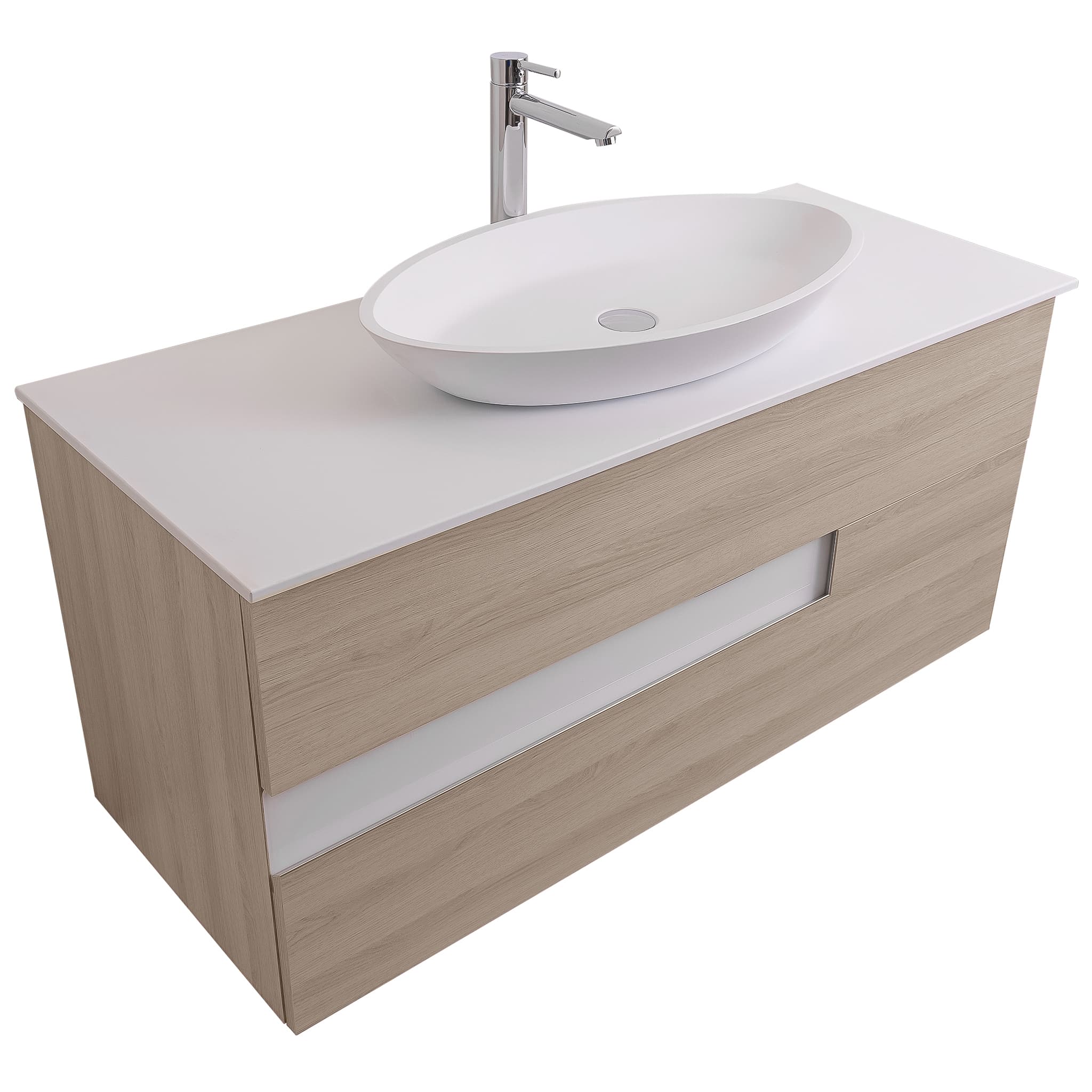 Vision 47.5 Natural Light Wood Cabinet, Solid Surface Flat White Counter And Oval Solid Surface White Basin 1305, Wall Mounted Modern Vanity Set
