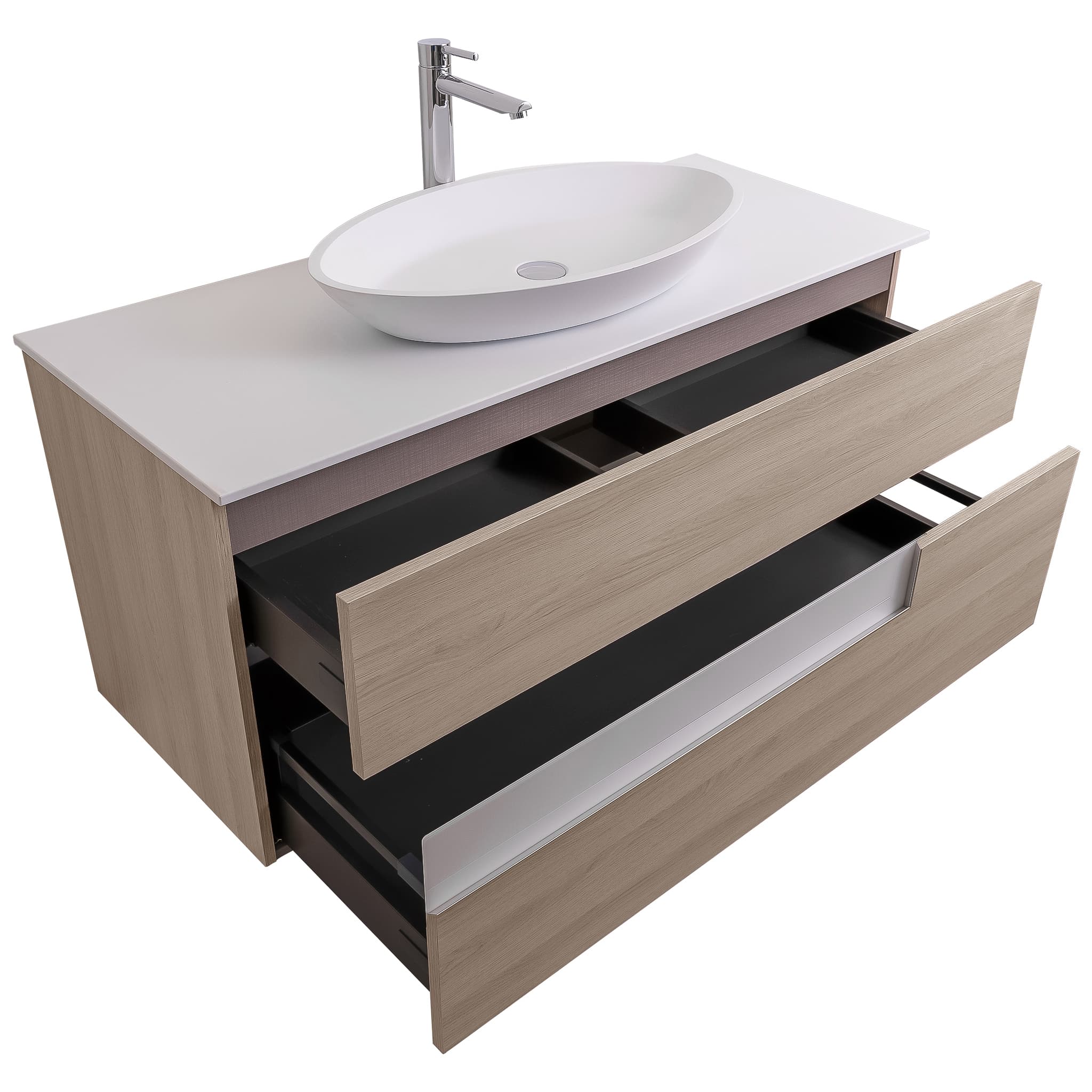 Vision 47.5 Natural Light Wood Cabinet, Solid Surface Flat White Counter And Oval Solid Surface White Basin 1305, Wall Mounted Modern Vanity Set