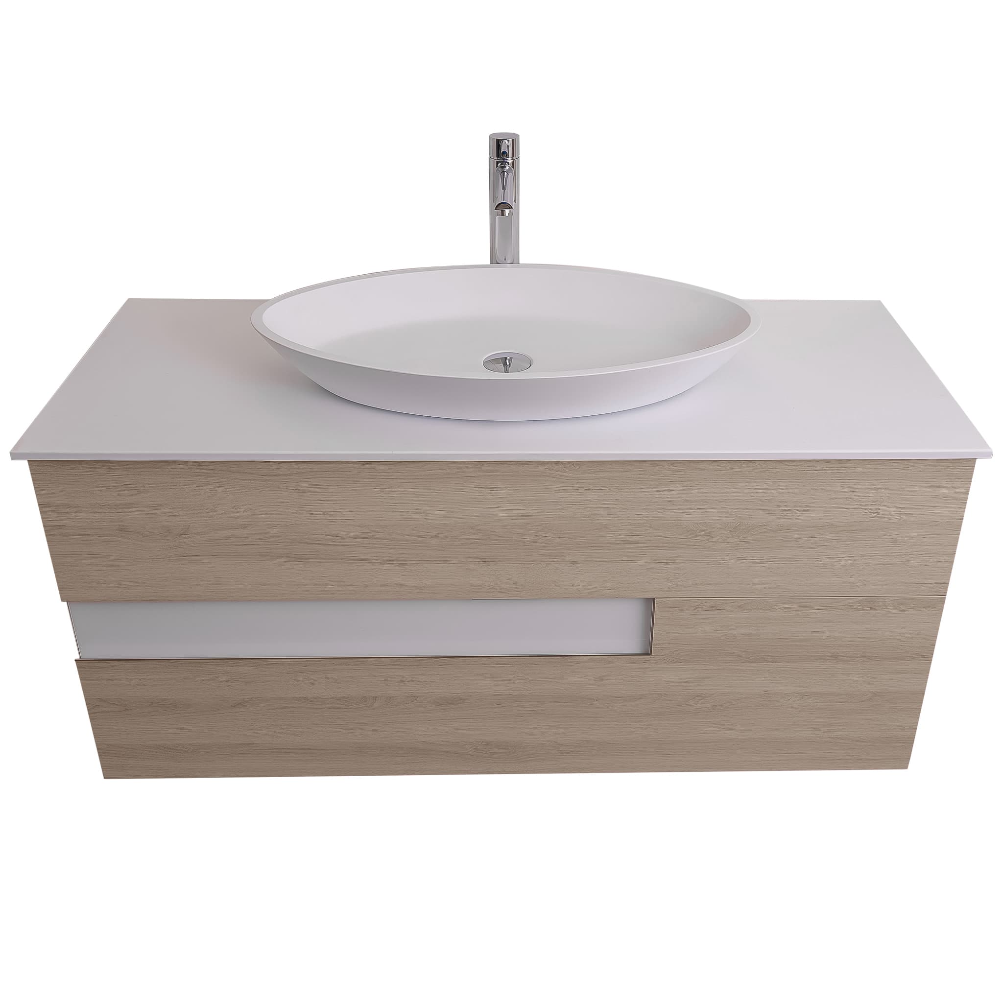 Vision 47.5 Natural Light Wood Cabinet, Solid Surface Flat White Counter And Oval Solid Surface White Basin 1305, Wall Mounted Modern Vanity Set Bath Trends USA