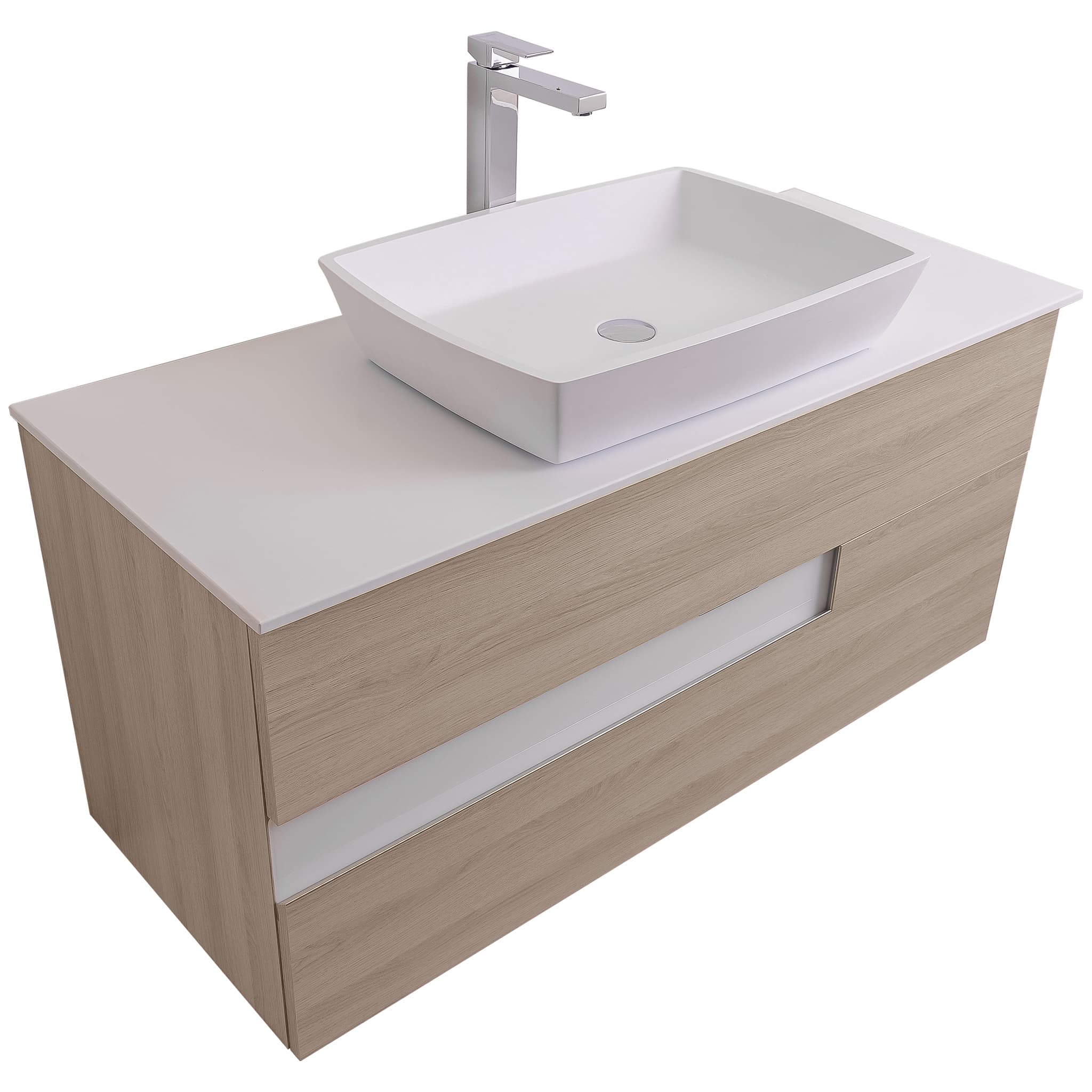 Vision 47.5 Natural Light Wood Cabinet, Solid Surface Flat White Counter And Square Solid Surface White Basin 1316, Wall Mounted Modern Vanity Set