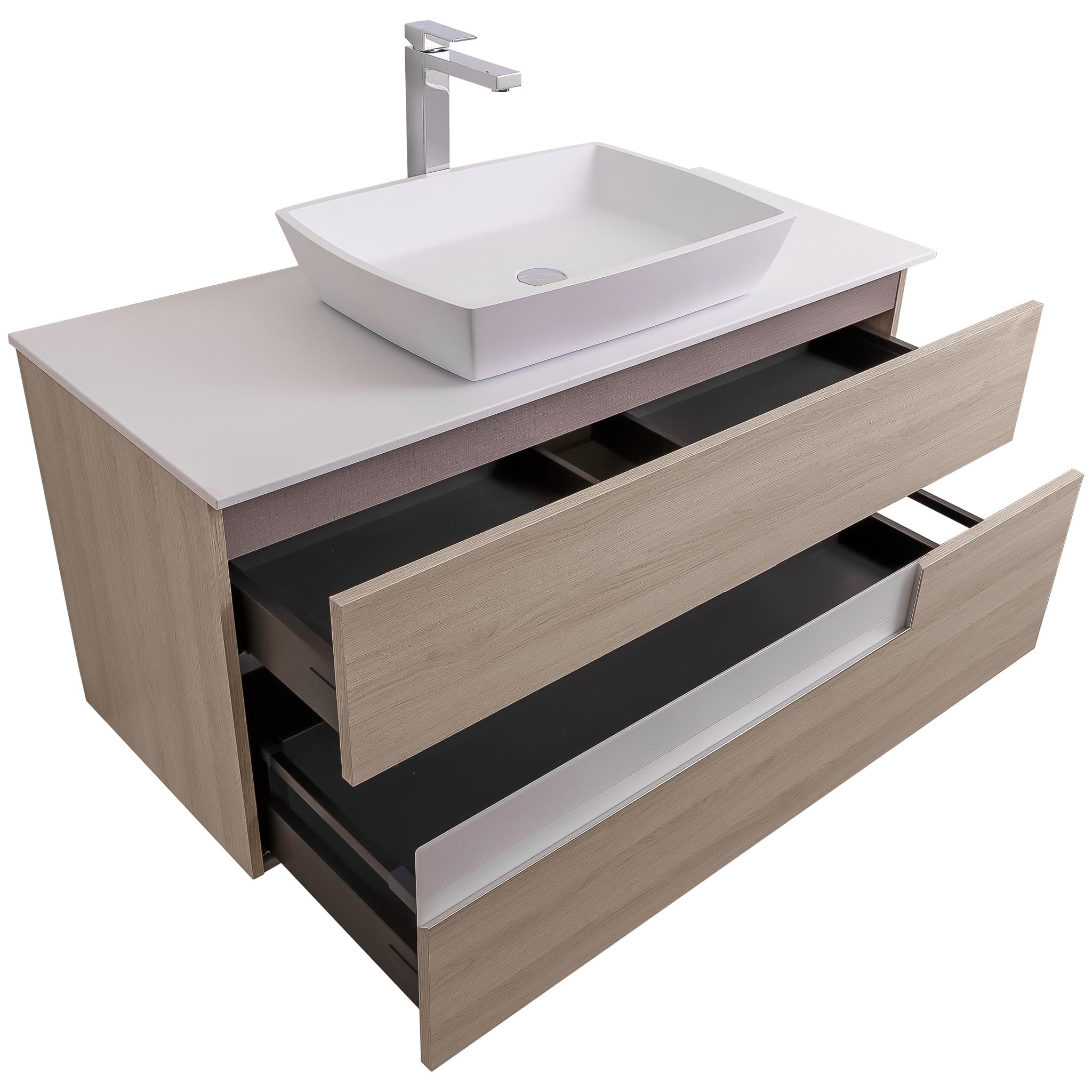 Vision 47.5 Natural Light Wood Cabinet, Solid Surface Flat White Counter And Square Solid Surface White Basin 1316, Wall Mounted Modern Vanity Set Bath Trends USA