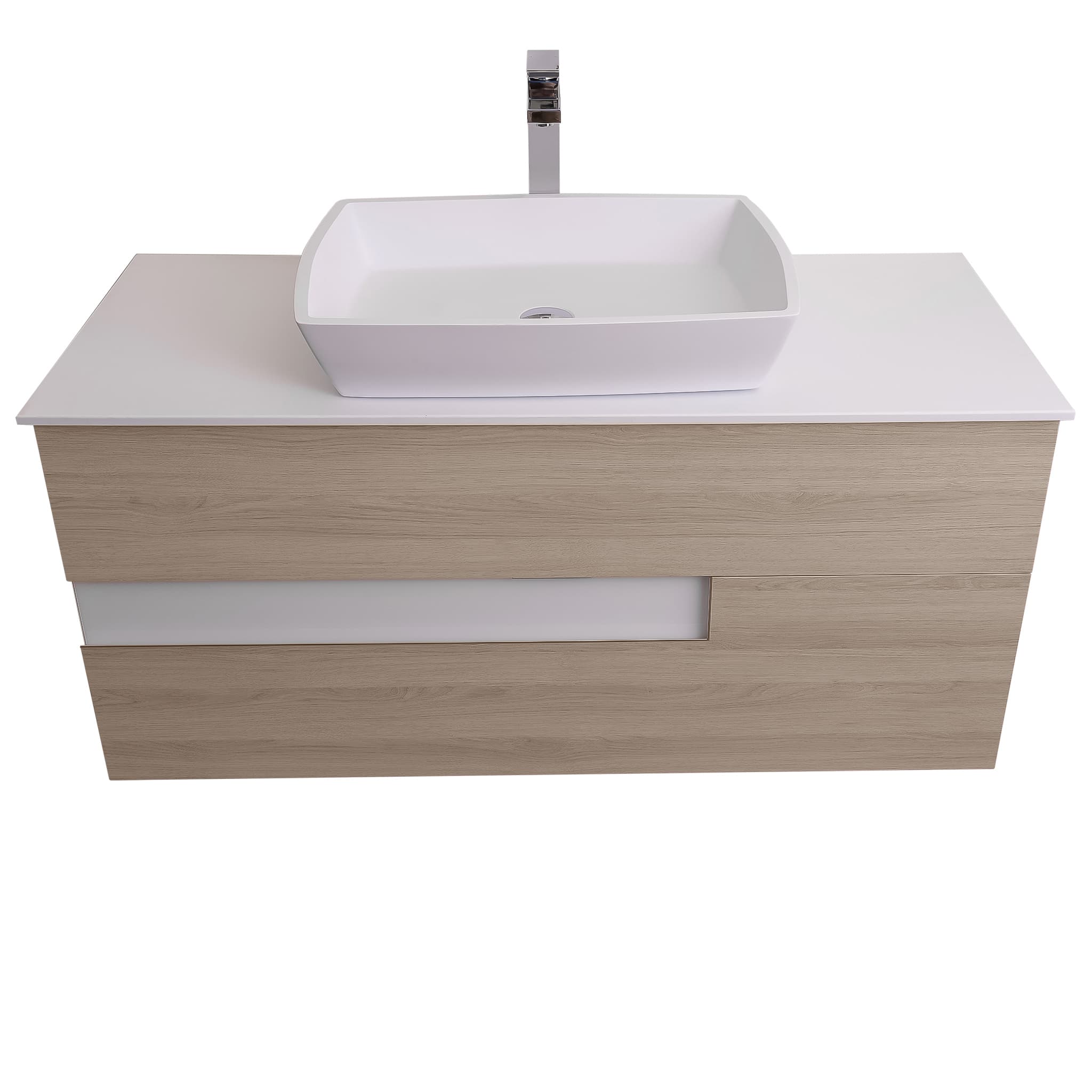 Vision 47.5 Natural Light Wood Cabinet, Solid Surface Flat White Counter And Square Solid Surface White Basin 1316, Wall Mounted Modern Vanity Set