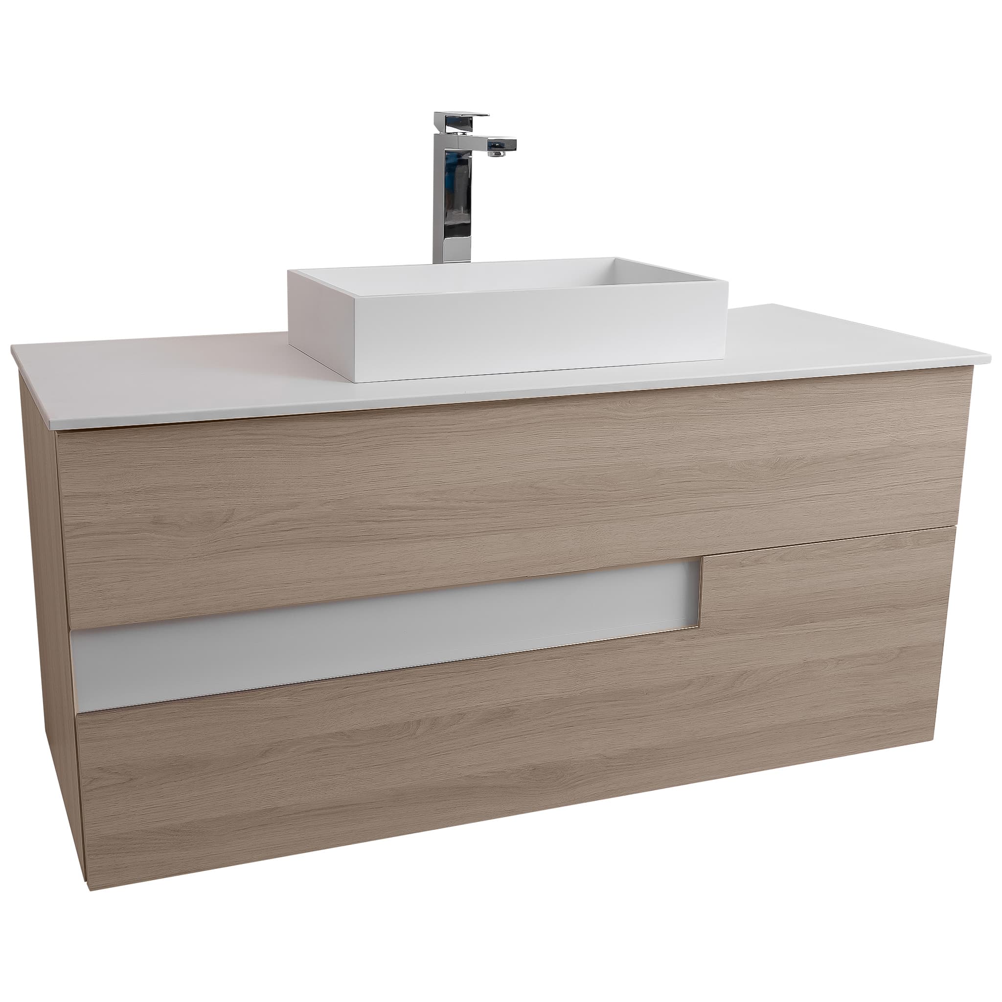 Vision 47.5 Natural Light Wood Cabinet, Solid Surface Flat White Counter And Infinity Square Solid Surface White Basin 1329, Wall Mounted Modern Vanity Set