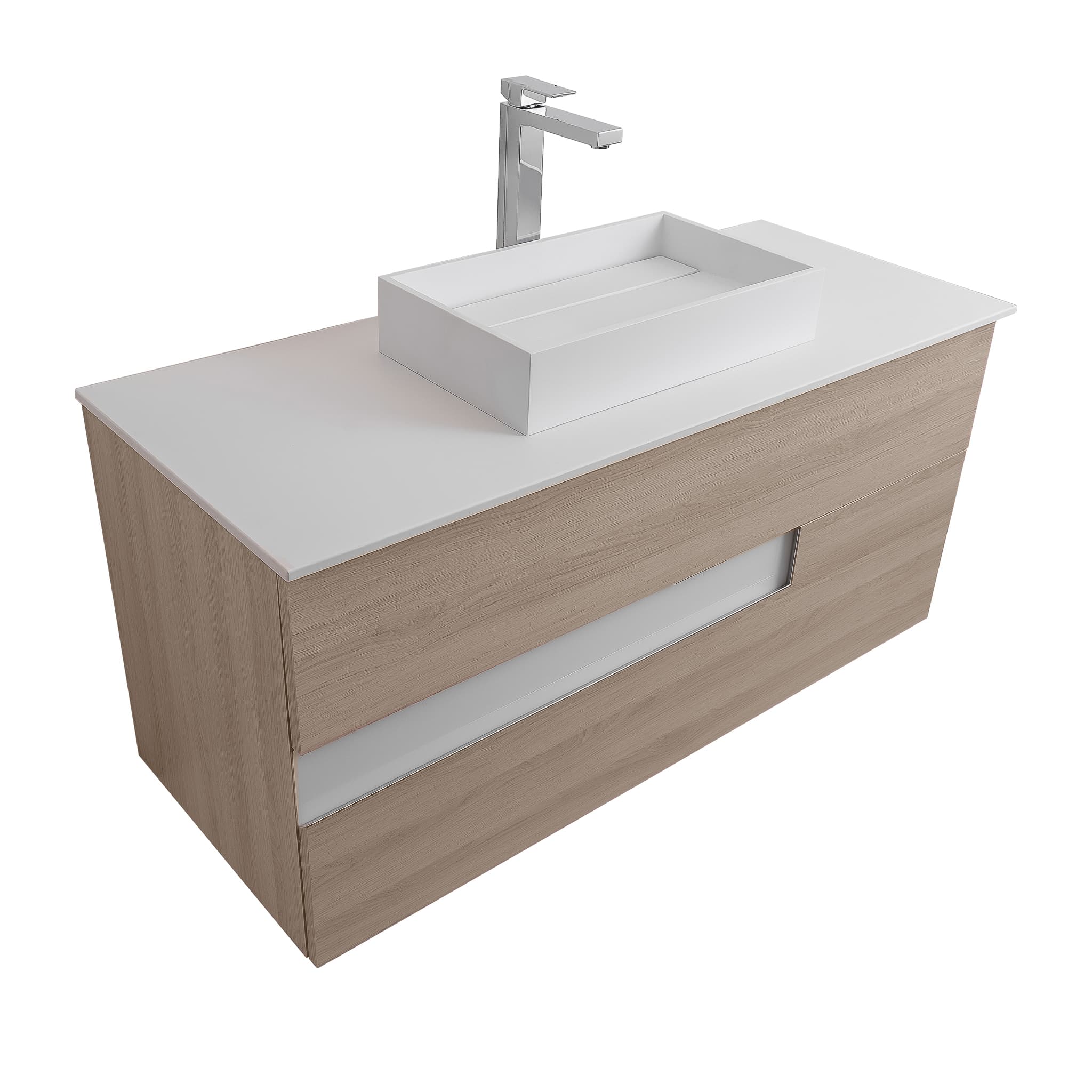 Vision 47.5 Natural Light Wood Cabinet, Solid Surface Flat White Counter And Infinity Square Solid Surface White Basin 1329, Wall Mounted Modern Vanity Set