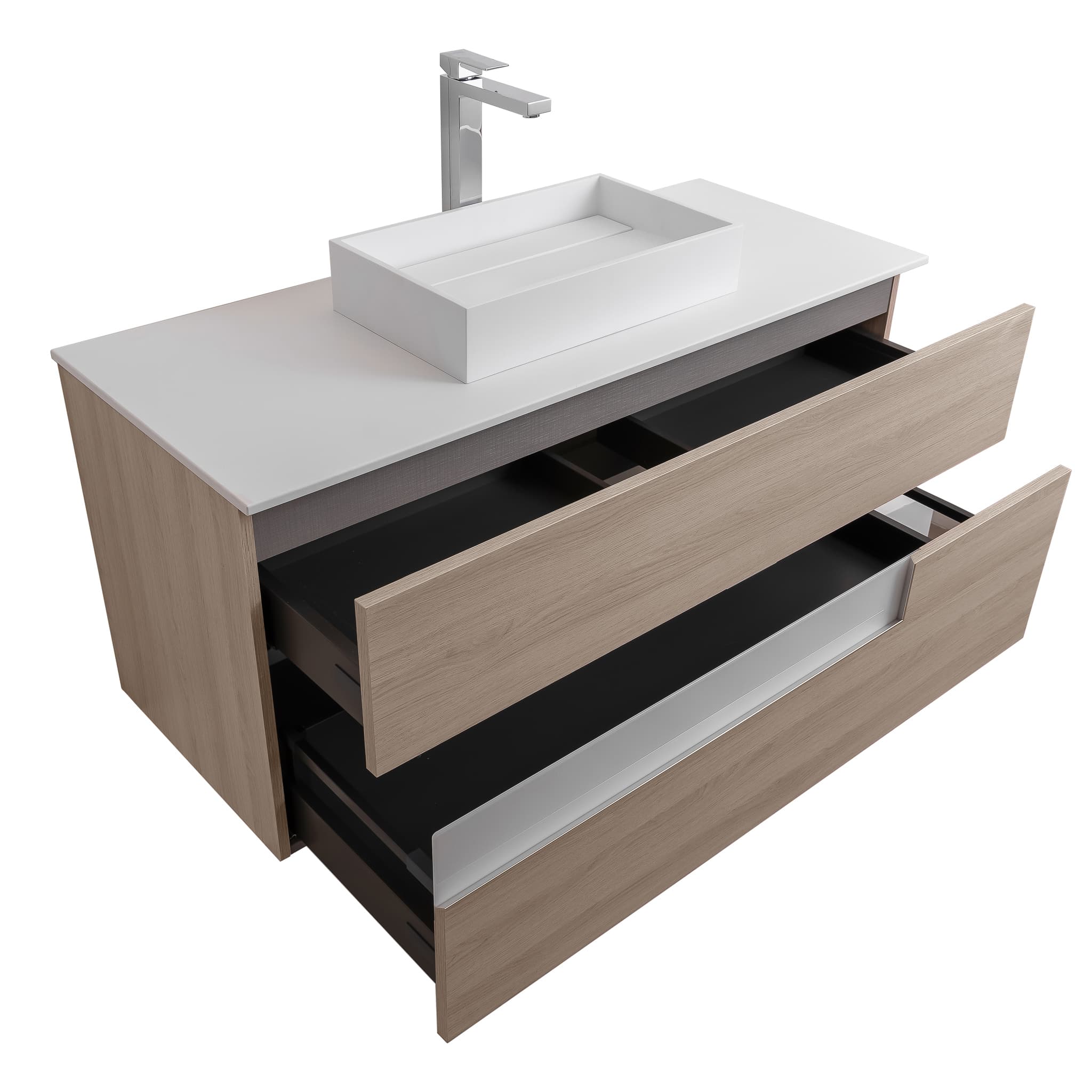 Vision 47.5 Natural Light Wood Cabinet, Solid Surface Flat White Counter And Infinity Square Solid Surface White Basin 1329, Wall Mounted Modern Vanity Set