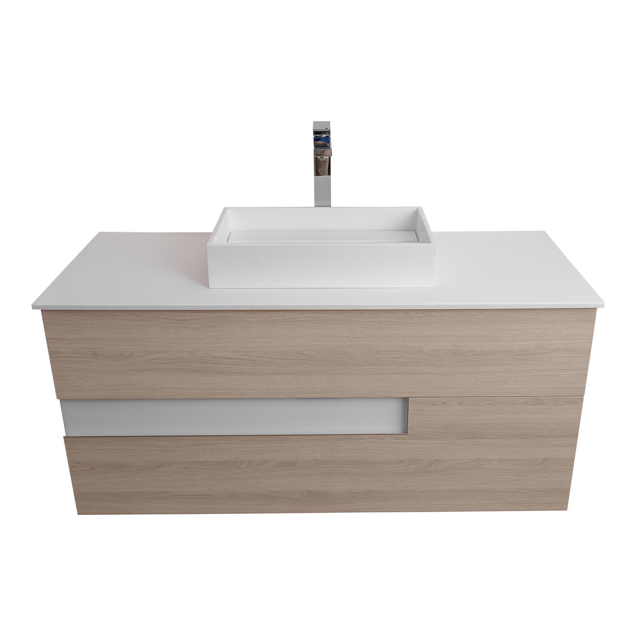 Vision 47.5 Natural Light Wood Cabinet, Solid Surface Flat White Counter And Infinity Square Solid Surface White Basin 1329, Wall Mounted Modern Vanity Set