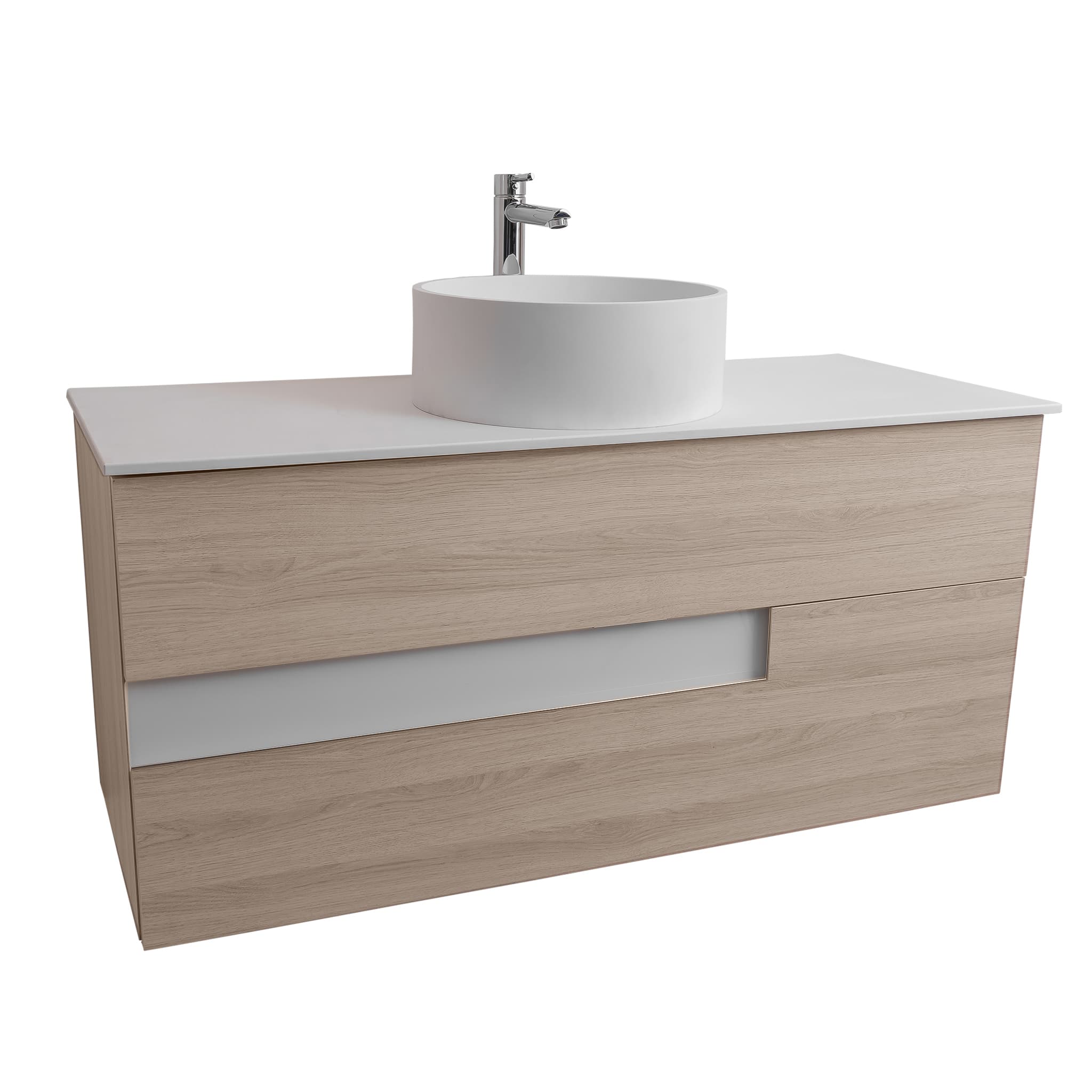 Vision 47.5 Natural Light Wood Cabinet, Solid Surface Flat White Counter And Round Solid Surface White Basin 1386, Wall Mounted Modern Vanity Set Bath Trends USA