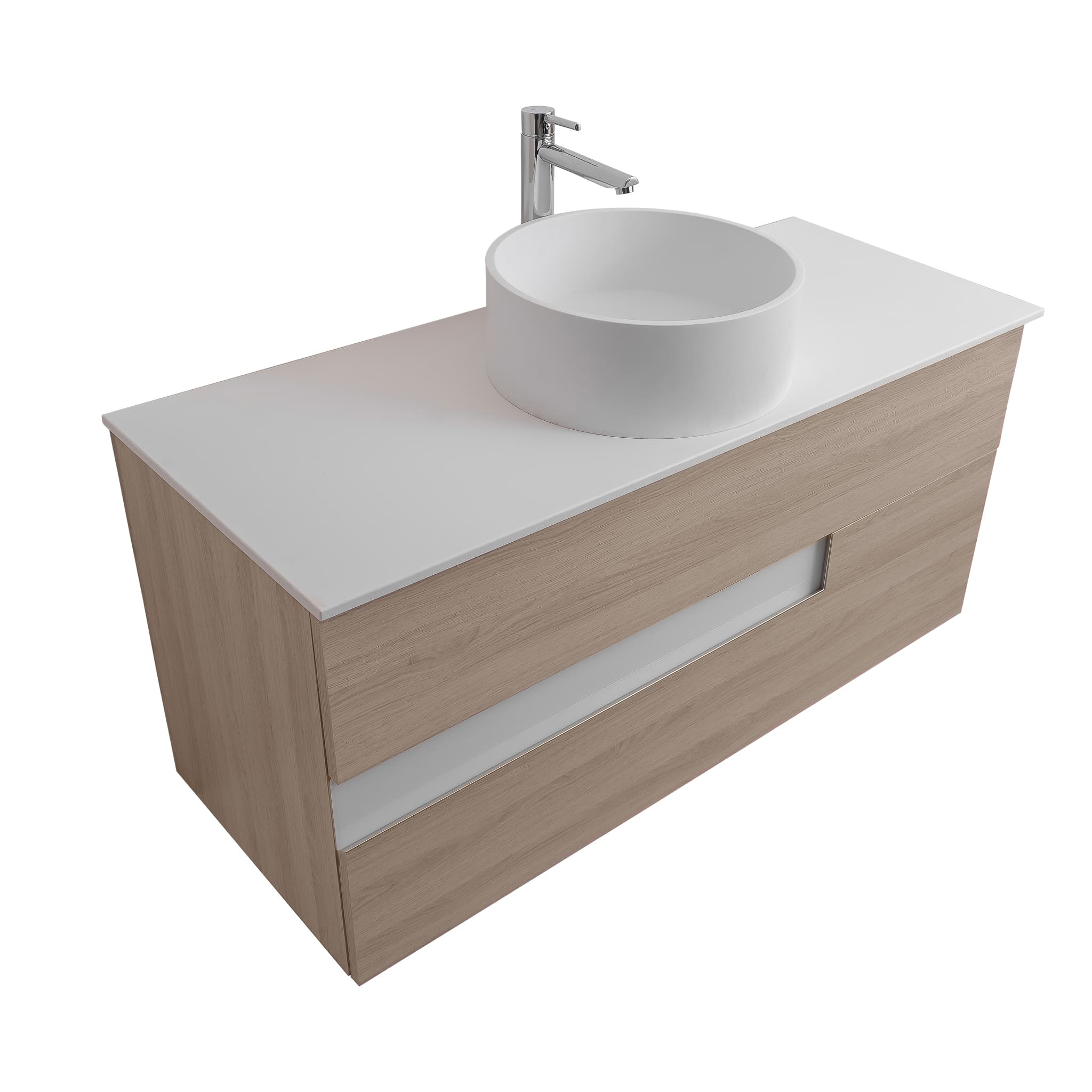 Vision 47.5 Natural Light Wood Cabinet, Solid Surface Flat White Counter And Round Solid Surface White Basin 1386, Wall Mounted Modern Vanity Set