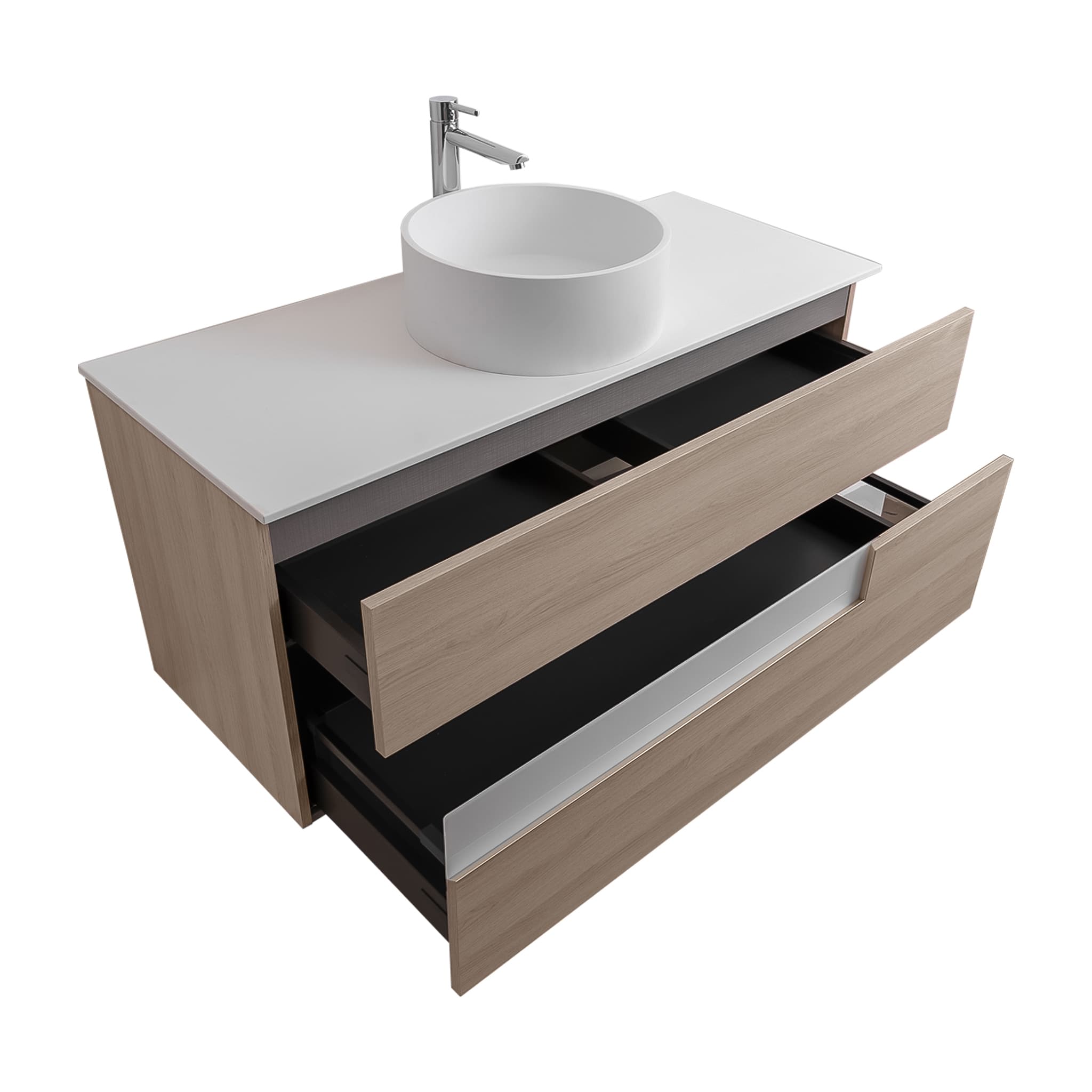 Vision 47.5 Natural Light Wood Cabinet, Solid Surface Flat White Counter And Round Solid Surface White Basin 1386, Wall Mounted Modern Vanity Set