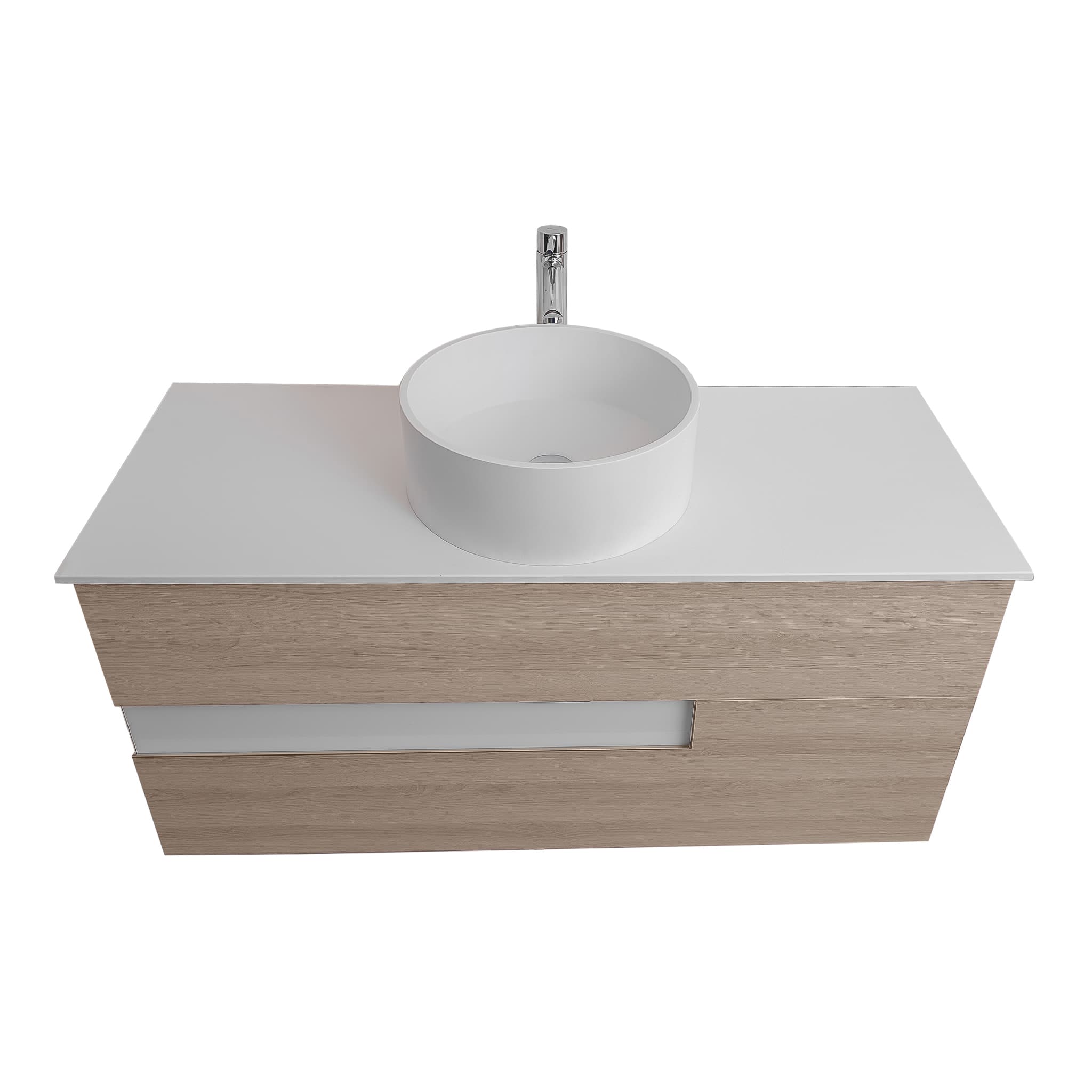Vision 47.5 Natural Light Wood Cabinet, Solid Surface Flat White Counter And Round Solid Surface White Basin 1386, Wall Mounted Modern Vanity Set