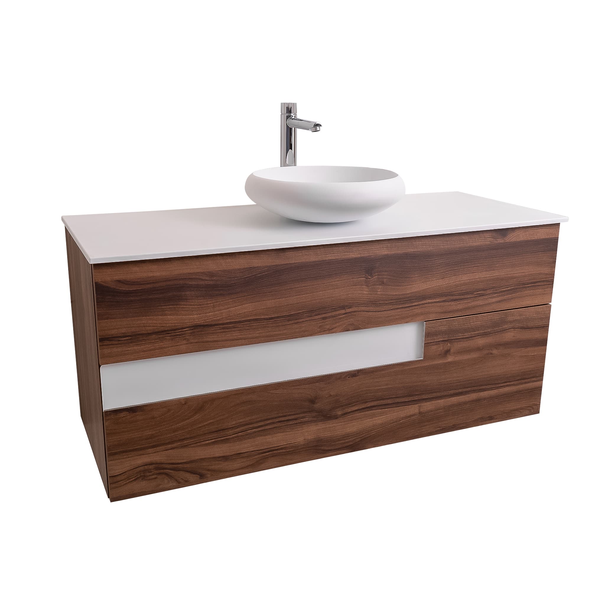 Vision 47.5 Valenti Medium Brown Wood Cabinet, Solid Surface Flat White Counter And Round Solid Surface White Basin 1153, Wall Mounted Modern Vanity Set