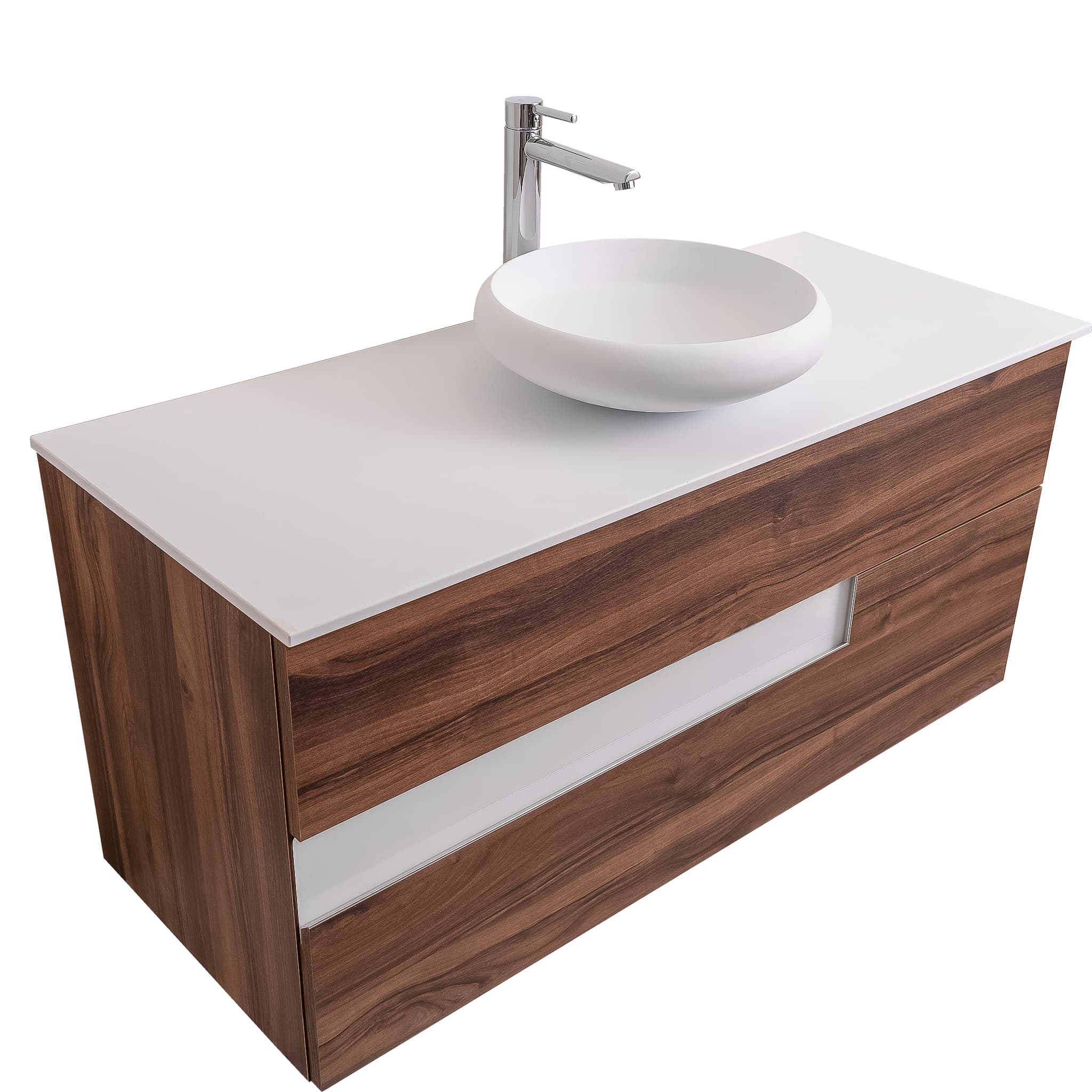 Vision 47.5 Valenti Medium Brown Wood Cabinet, Solid Surface Flat White Counter And Round Solid Surface White Basin 1153, Wall Mounted Modern Vanity Set