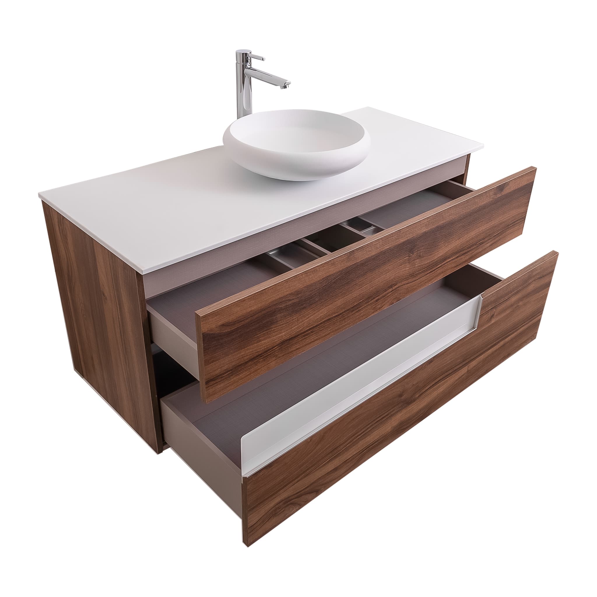 Vision 47.5 Valenti Medium Brown Wood Cabinet, Solid Surface Flat White Counter And Round Solid Surface White Basin 1153, Wall Mounted Modern Vanity Set
