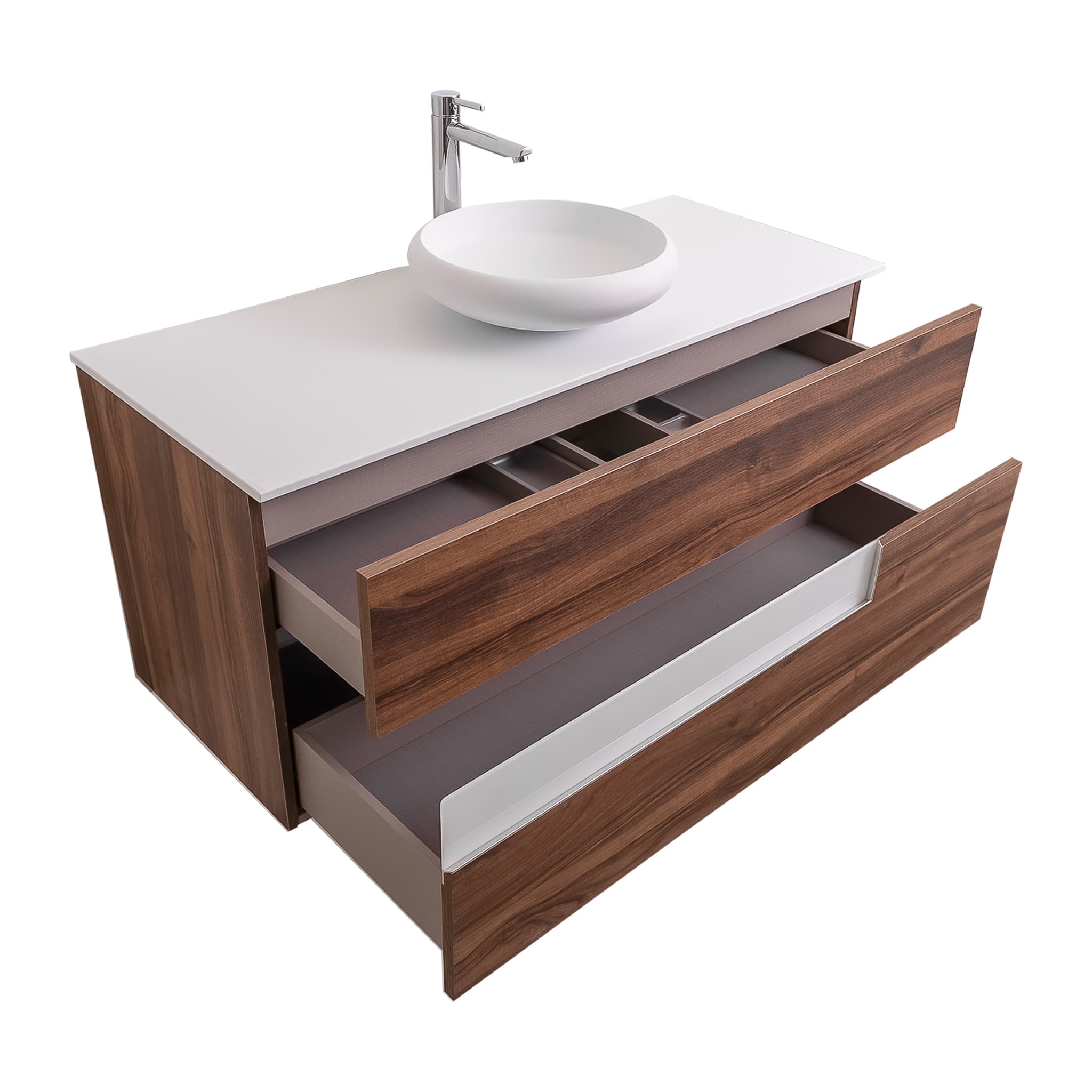 Vision 47.5 Valenti Medium Brown Wood Cabinet, Solid Surface Flat White Counter And Round Solid Surface White Basin 1153, Wall Mounted Modern Vanity Set Bath Trends USA