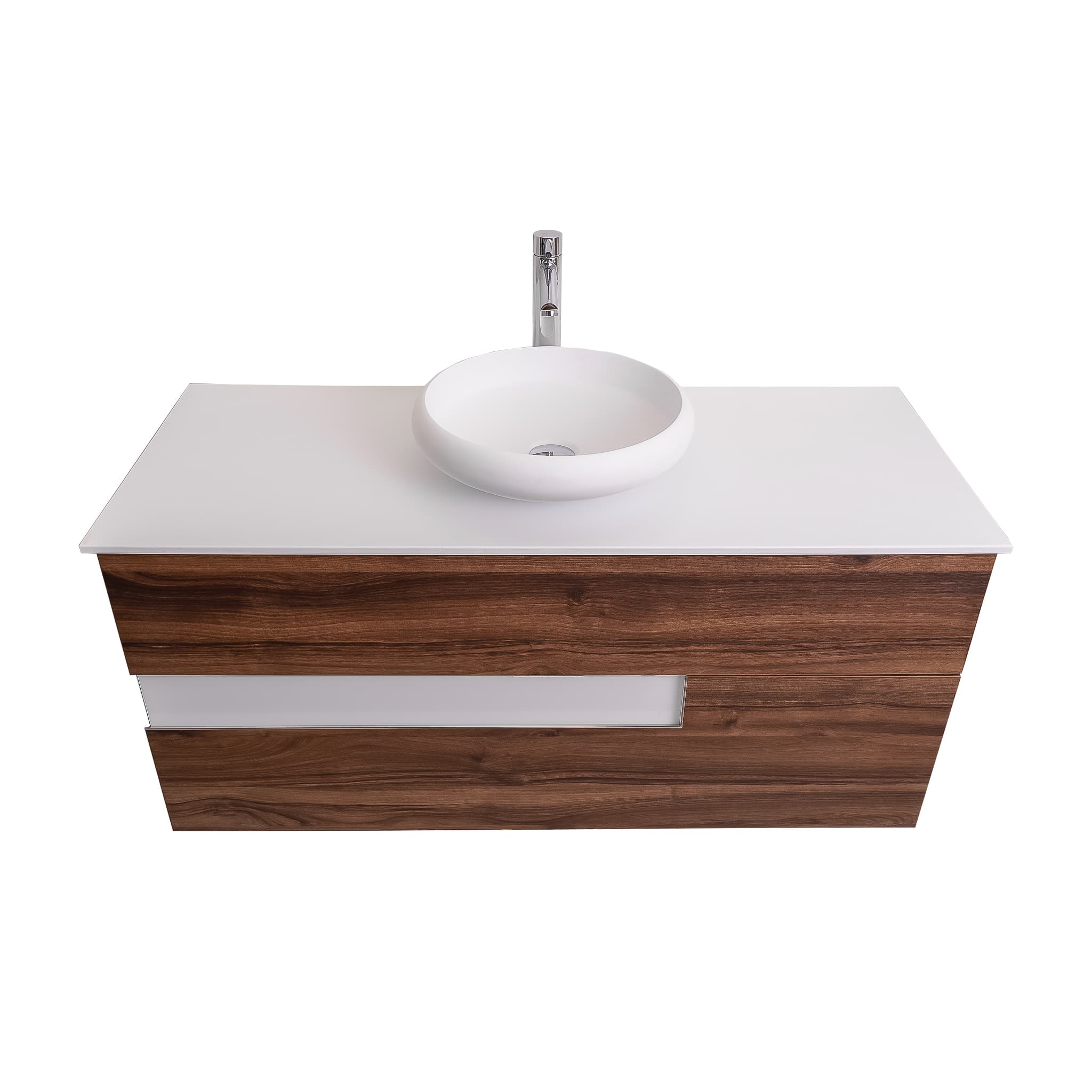 Vision 47.5 Valenti Medium Brown Wood Cabinet, Solid Surface Flat White Counter And Round Solid Surface White Basin 1153, Wall Mounted Modern Vanity Set