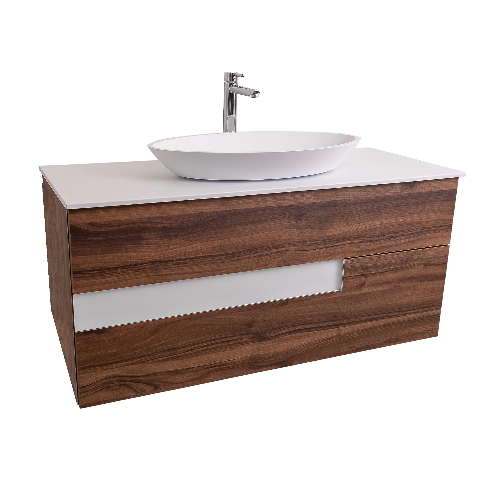 Vision 47.5 Valenti Medium Brown Wood Cabinet, Solid Surface Flat White Counter And Oval Solid Surface White Basin 1305, Wall Mounted Modern Vanity Set