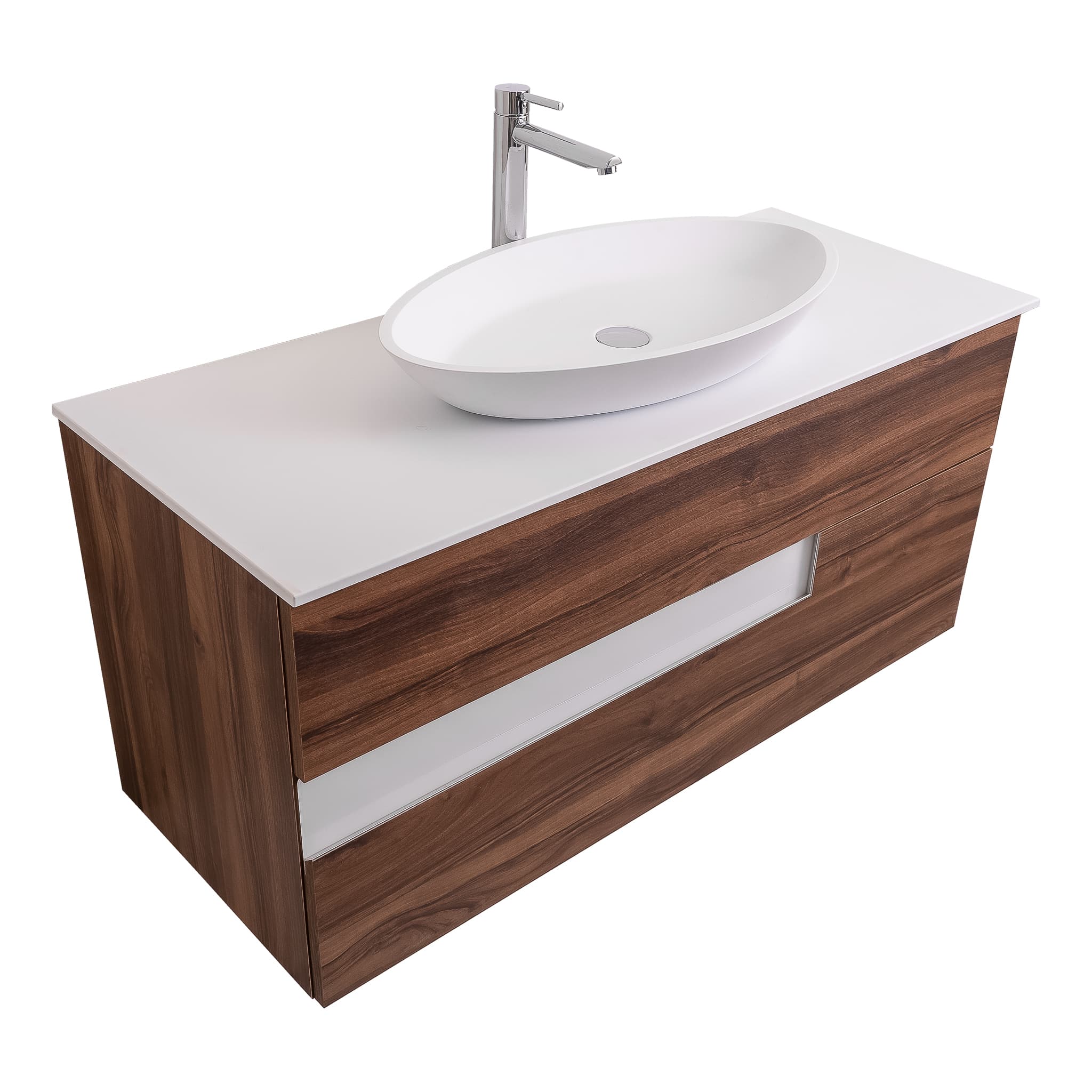 Vision 47.5 Valenti Medium Brown Wood Cabinet, Solid Surface Flat White Counter And Oval Solid Surface White Basin 1305, Wall Mounted Modern Vanity Set
