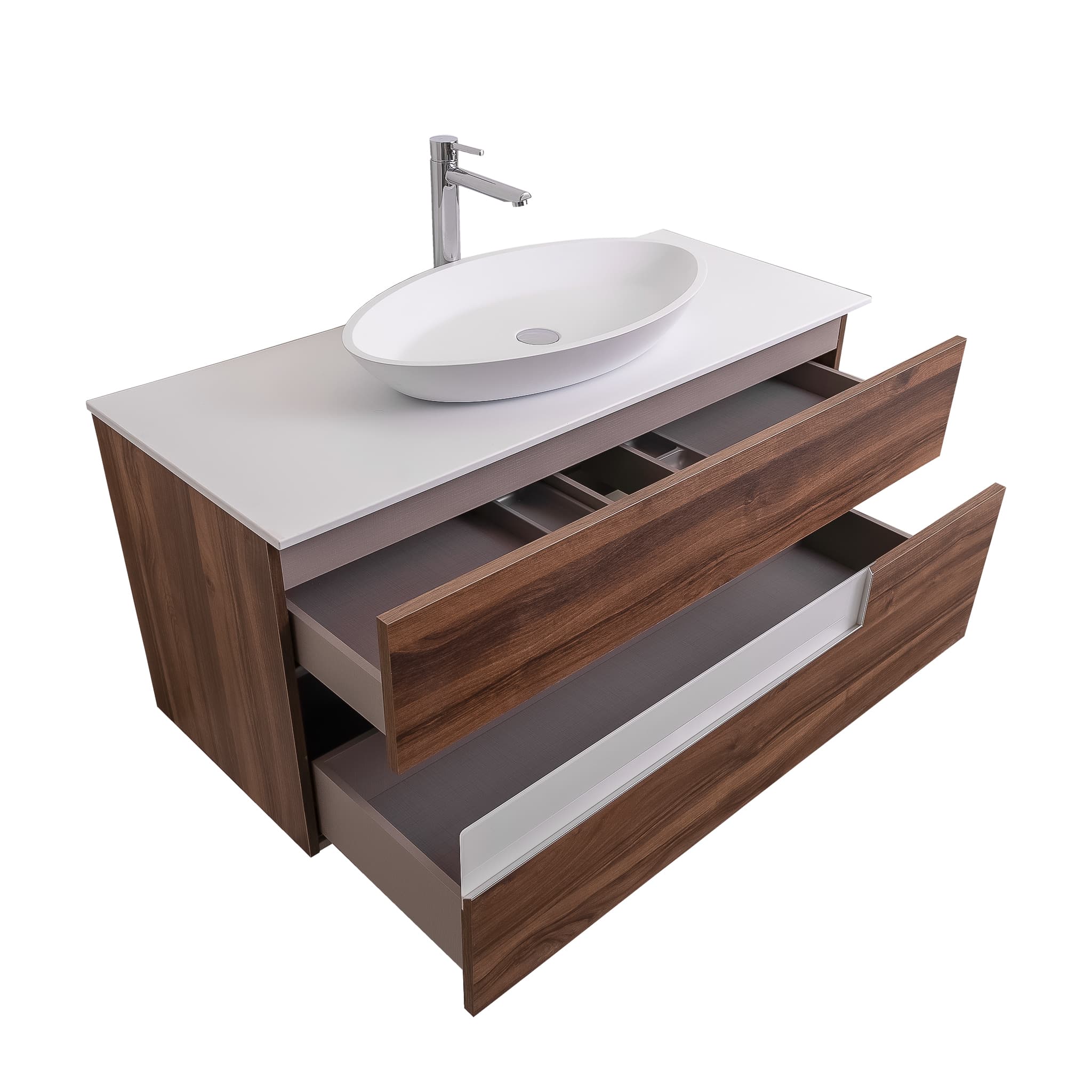 Vision 47.5 Valenti Medium Brown Wood Cabinet, Solid Surface Flat White Counter And Oval Solid Surface White Basin 1305, Wall Mounted Modern Vanity Set