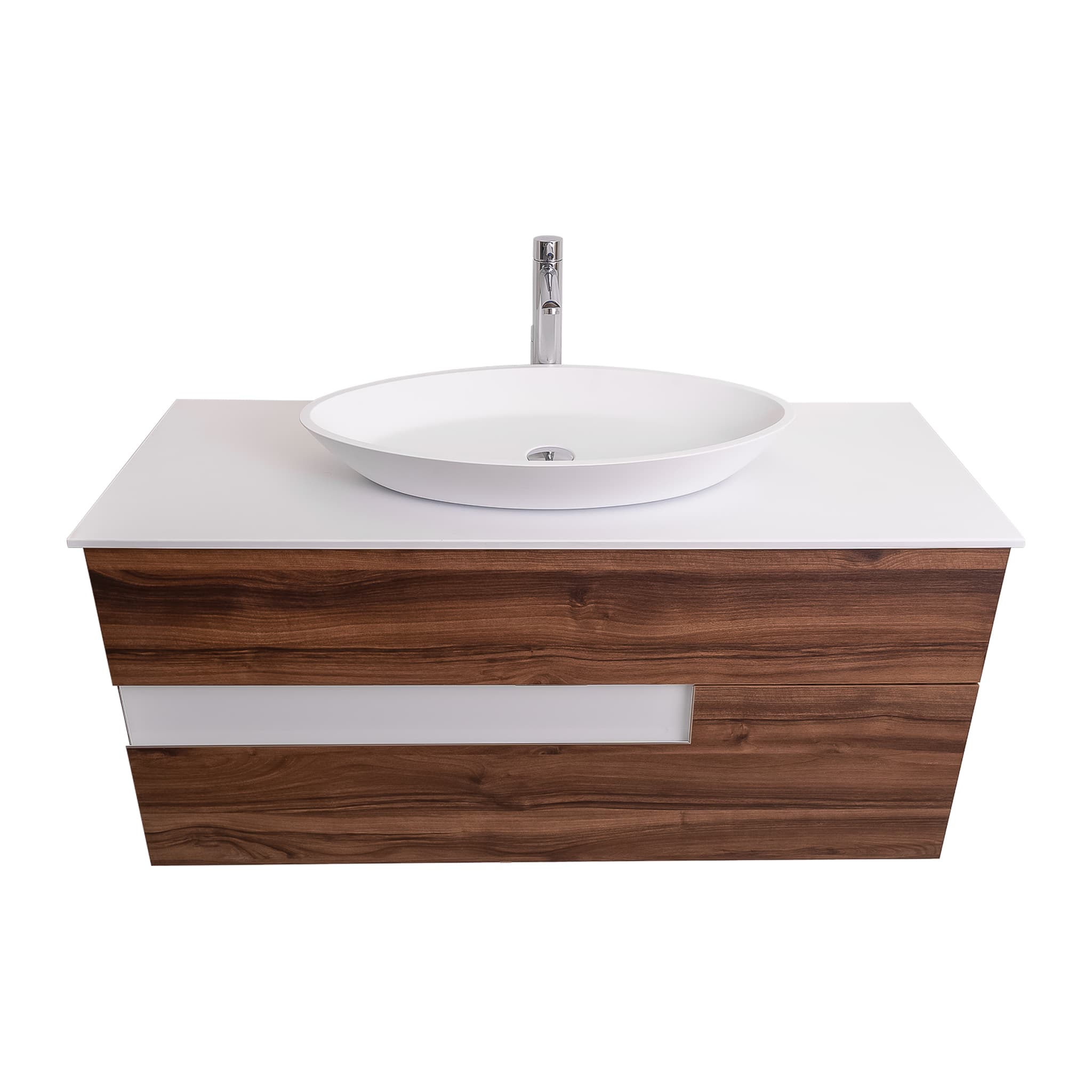 Vision 47.5 Valenti Medium Brown Wood Cabinet, Solid Surface Flat White Counter And Oval Solid Surface White Basin 1305, Wall Mounted Modern Vanity Set