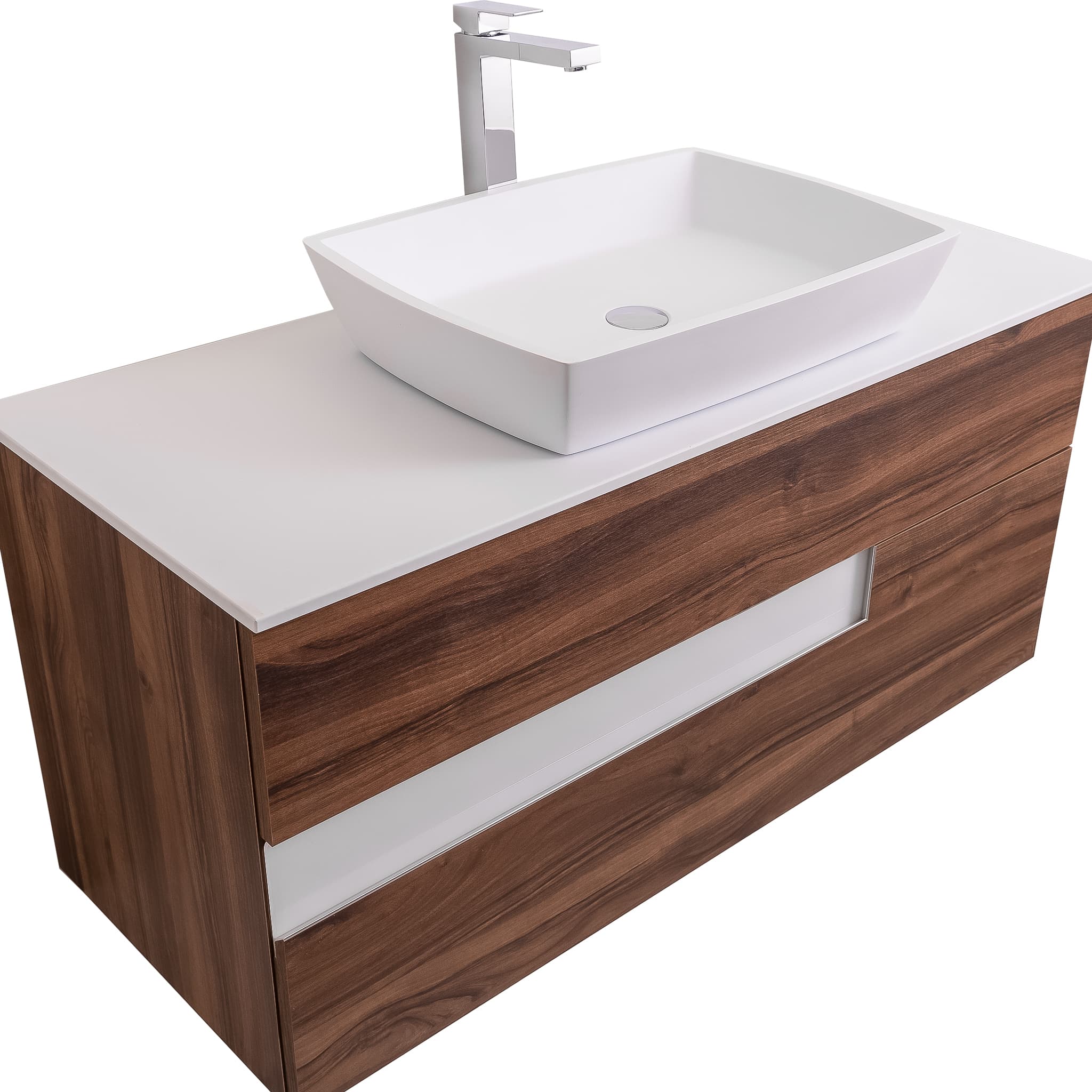 Vision 47.5 Valenti Medium Brown Wood Cabinet, Solid Surface Flat White Counter And Square Solid Surface White Basin 1316, Wall Mounted Modern Vanity Set Bath Trends USA