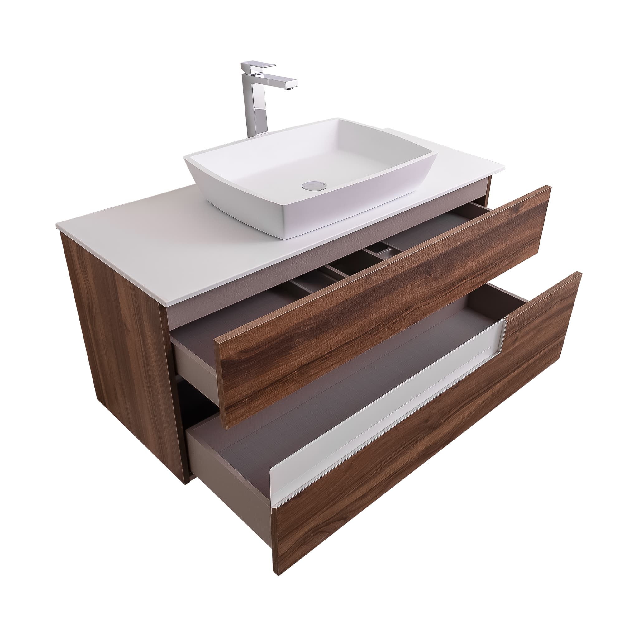 Vision 47.5 Valenti Medium Brown Wood Cabinet, Solid Surface Flat White Counter And Square Solid Surface White Basin 1316, Wall Mounted Modern Vanity Set Bath Trends USA