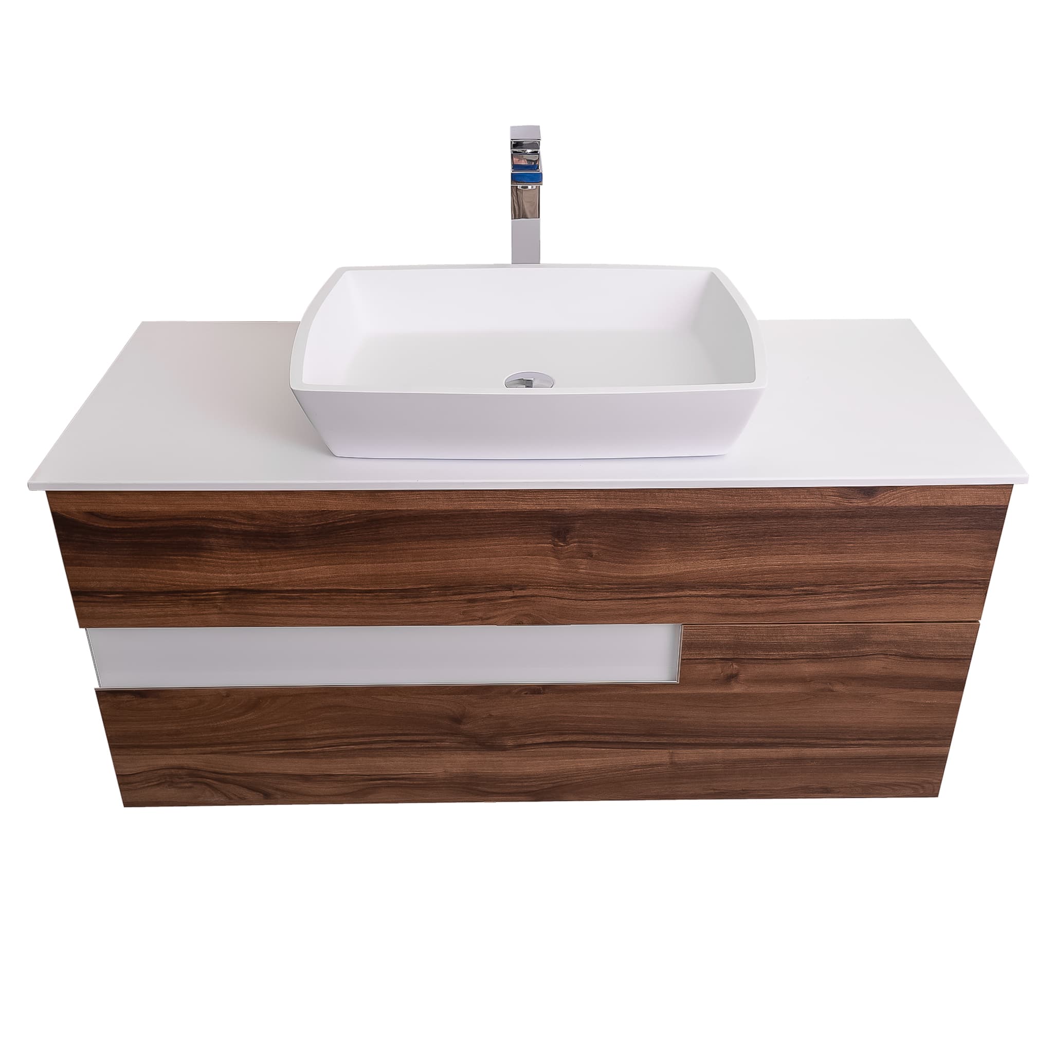 Vision 47.5 Valenti Medium Brown Wood Cabinet, Solid Surface Flat White Counter And Square Solid Surface White Basin 1316, Wall Mounted Modern Vanity Set