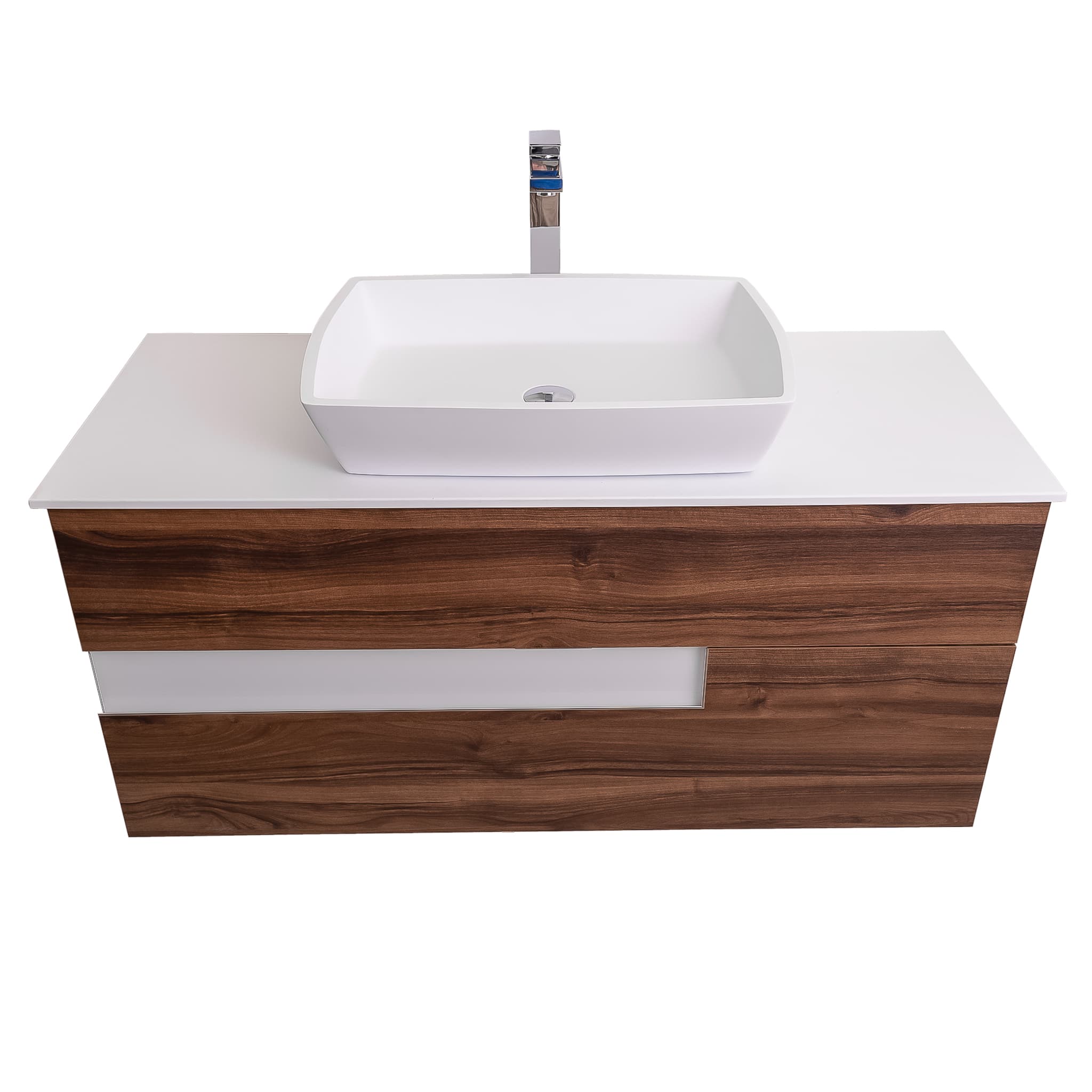 Vision 47.5 Valenti Medium Brown Wood Cabinet, Solid Surface Flat White Counter And Square Solid Surface White Basin 1316, Wall Mounted Modern Vanity Set Bath Trends USA