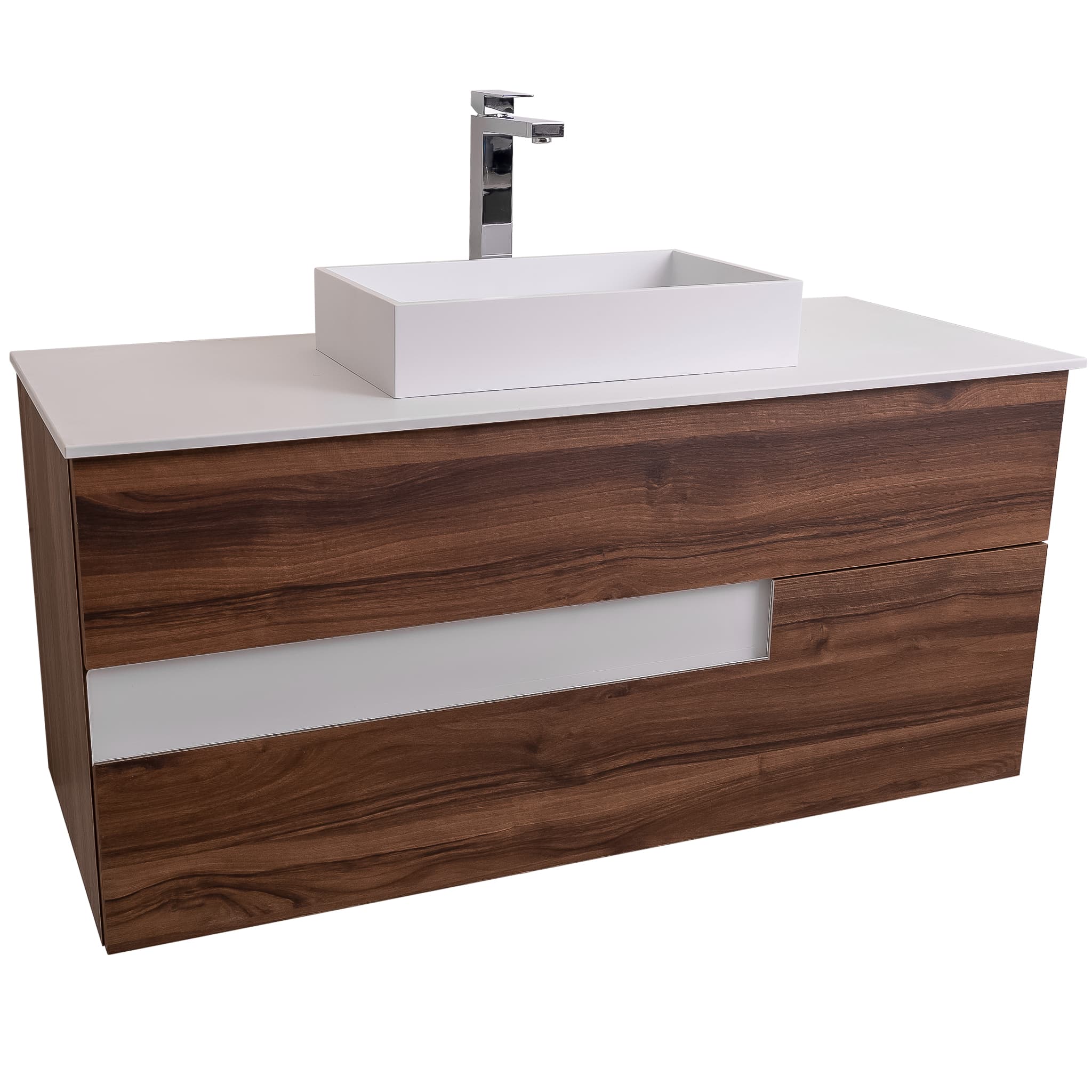 Vision 47.5 Valenti Medium Brown Wood Cabinet, Solid Surface Flat White Counter And Infinity Square Solid Surface White Basin 1329, Wall Mounted Modern Vanity Set