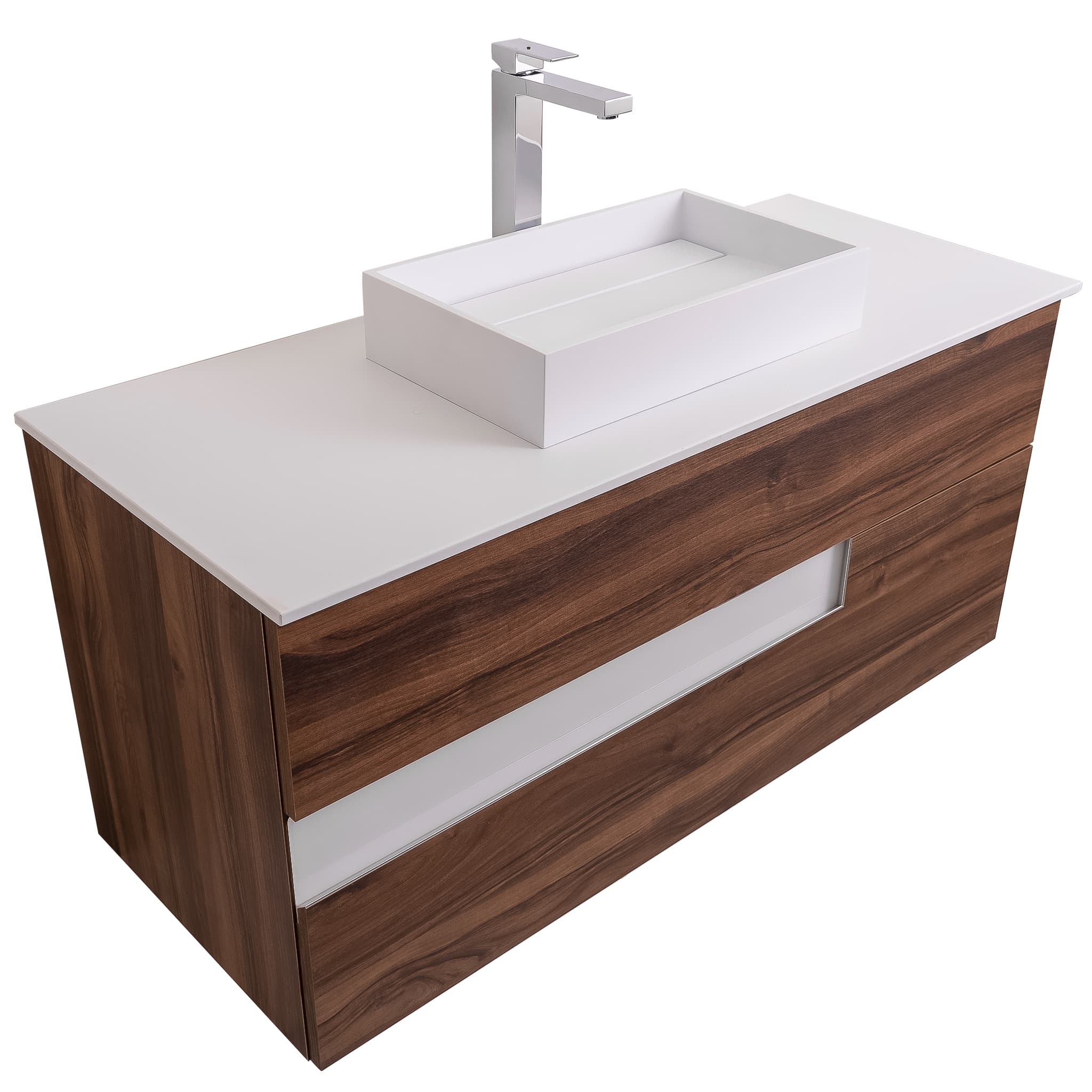 Vision 47.5 Valenti Medium Brown Wood Cabinet, Solid Surface Flat White Counter And Infinity Square Solid Surface White Basin 1329, Wall Mounted Modern Vanity Set