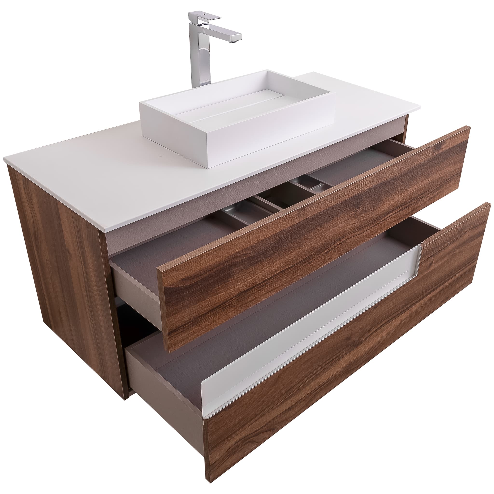 Vision 47.5 Valenti Medium Brown Wood Cabinet, Solid Surface Flat White Counter And Infinity Square Solid Surface White Basin 1329, Wall Mounted Modern Vanity Set