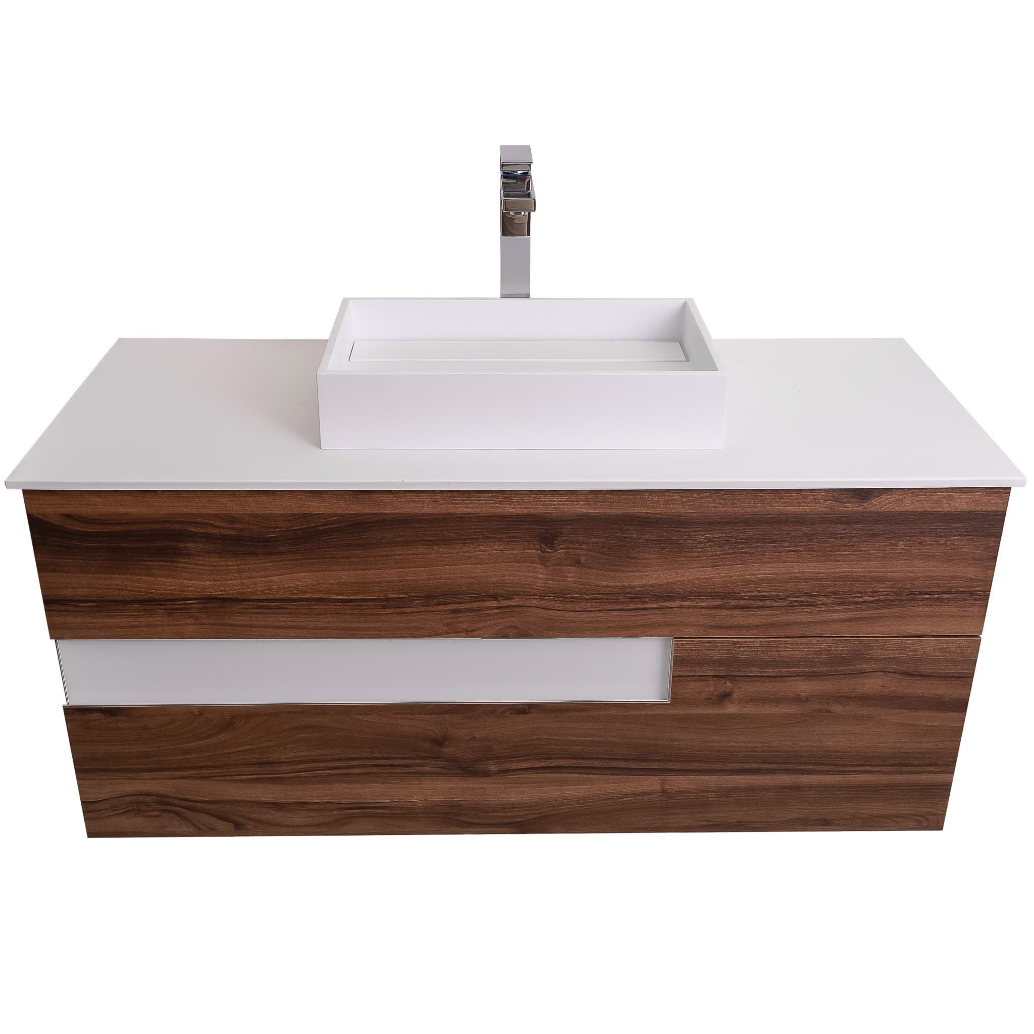 Vision 47.5 Valenti Medium Brown Wood Cabinet, Solid Surface Flat White Counter And Infinity Square Solid Surface White Basin 1329, Wall Mounted Modern Vanity Set