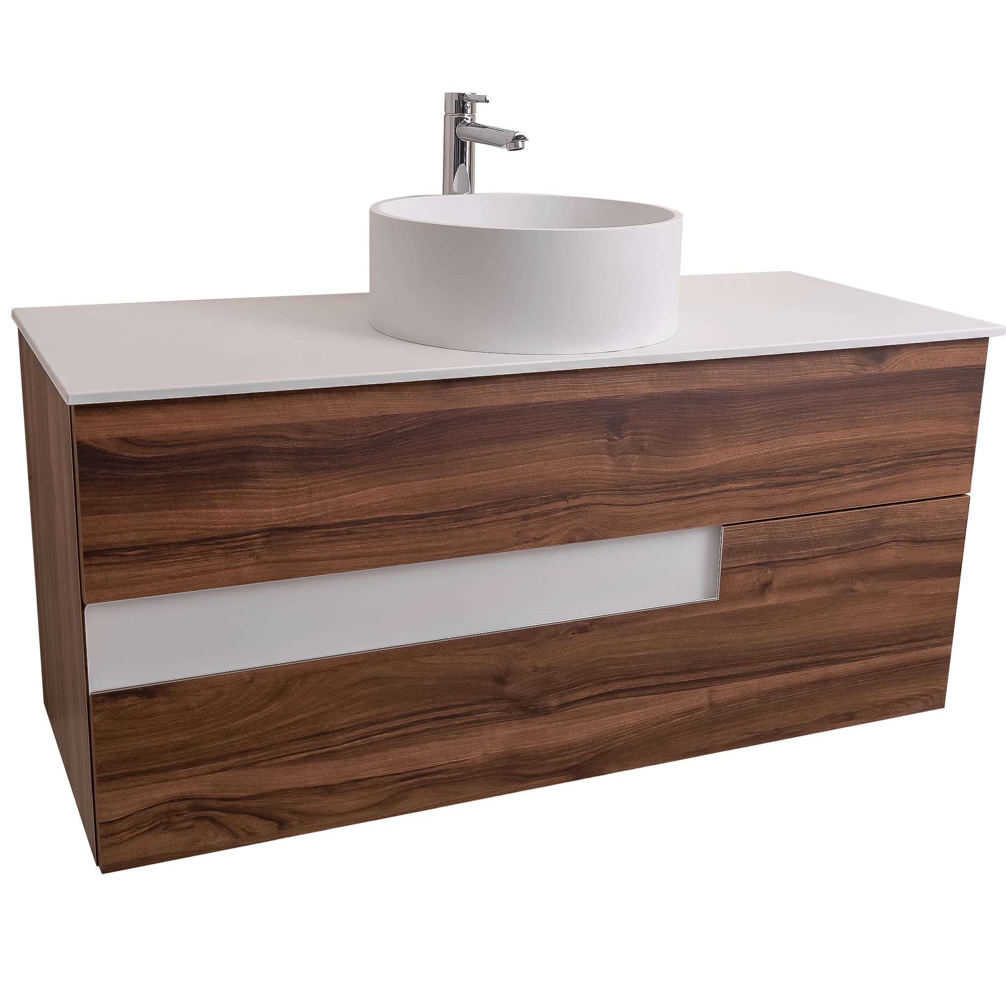 Vision 47.5 Valenti Medium Brown Wood Cabinet, Solid Surface Flat White Counter And Round Solid Surface White Basin 1386, Wall Mounted Modern Vanity Set