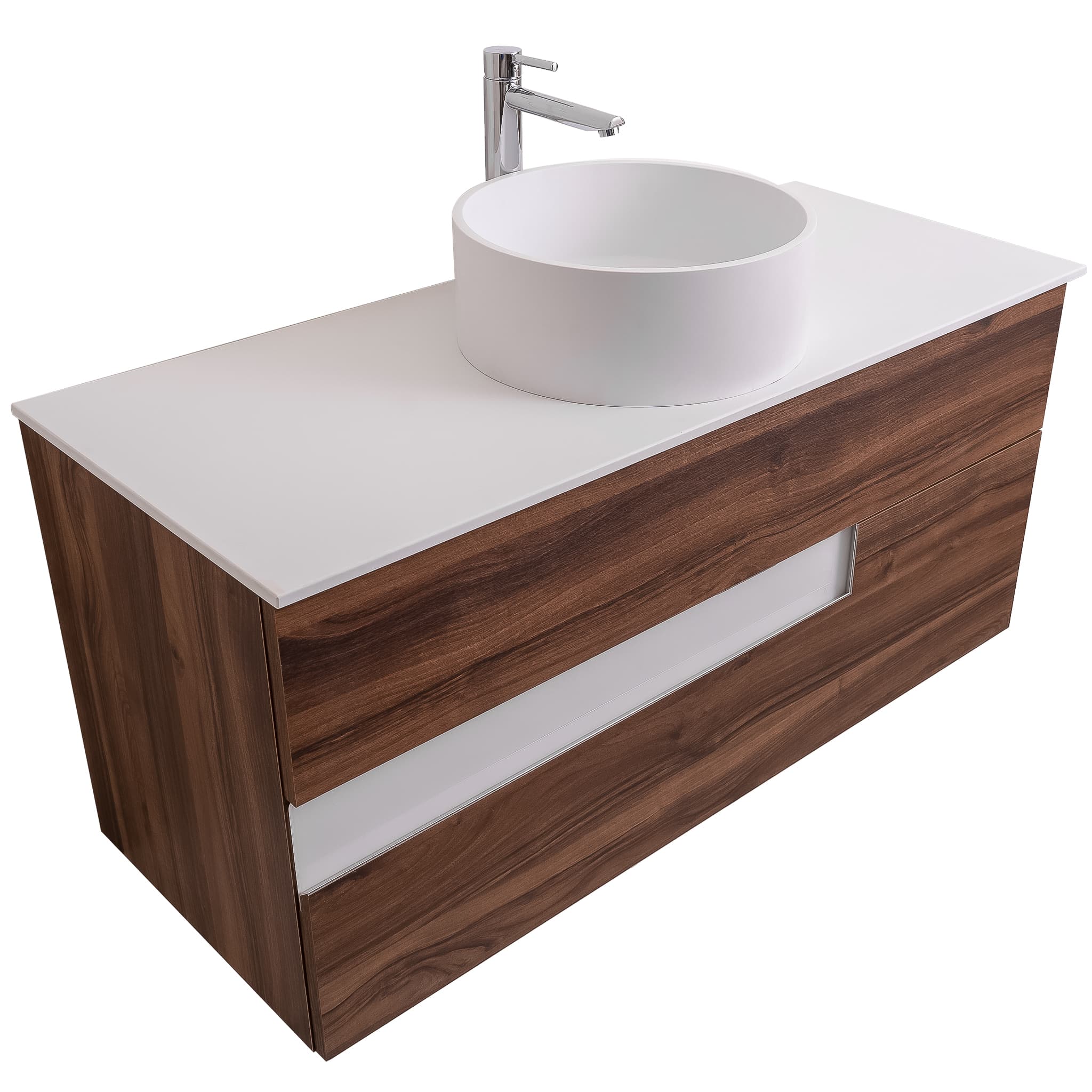 Vision 47.5 Valenti Medium Brown Wood Cabinet, Solid Surface Flat White Counter And Round Solid Surface White Basin 1386, Wall Mounted Modern Vanity Set Bath Trends USA