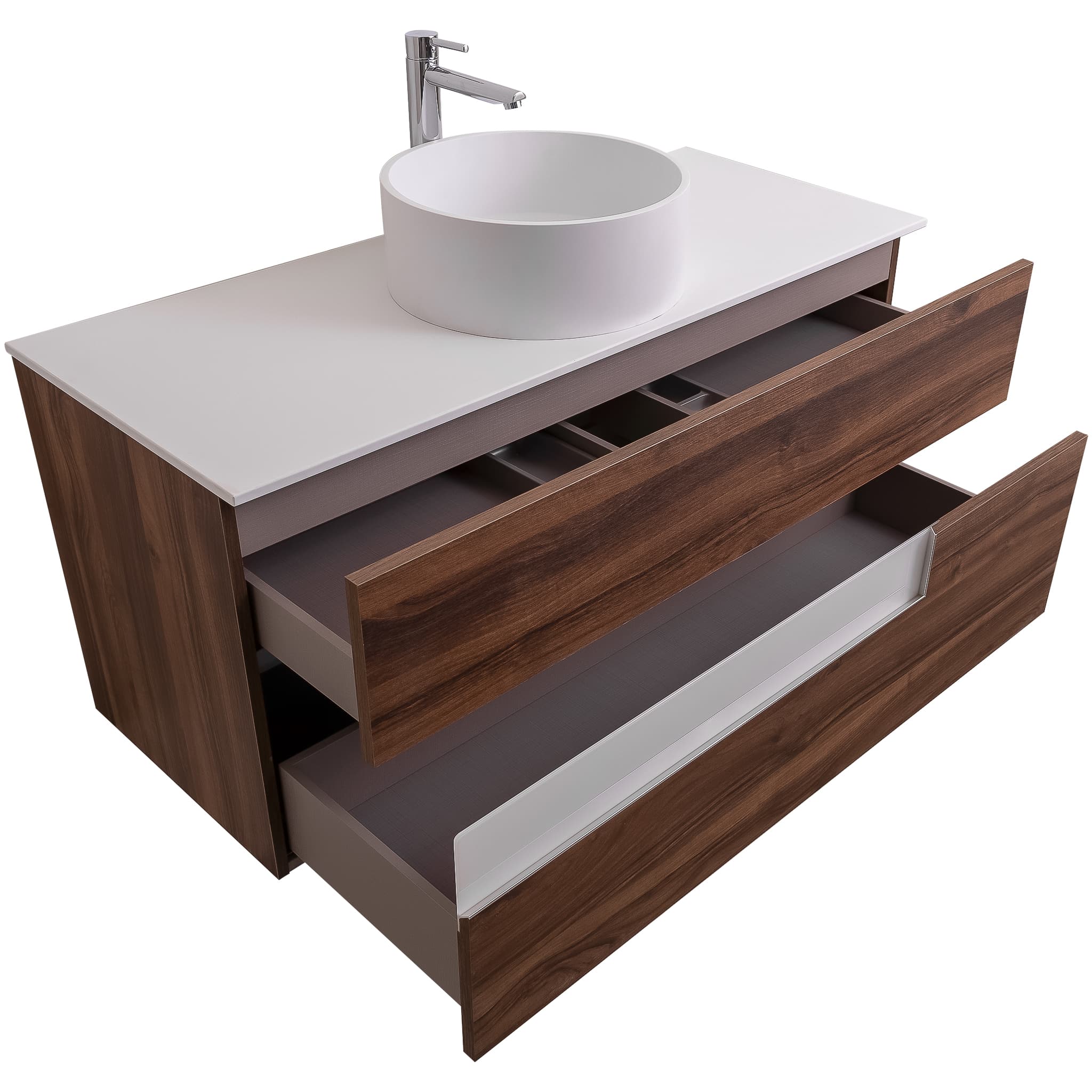 Vision 47.5 Valenti Medium Brown Wood Cabinet, Solid Surface Flat White Counter And Round Solid Surface White Basin 1386, Wall Mounted Modern Vanity Set Bath Trends USA