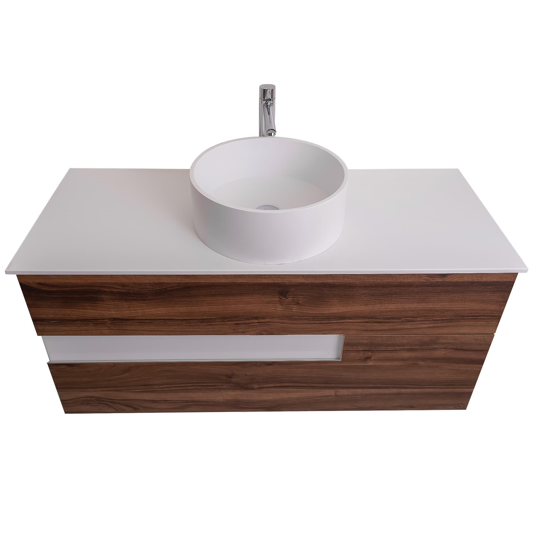 Vision 47.5 Valenti Medium Brown Wood Cabinet, Solid Surface Flat White Counter And Round Solid Surface White Basin 1386, Wall Mounted Modern Vanity Set
